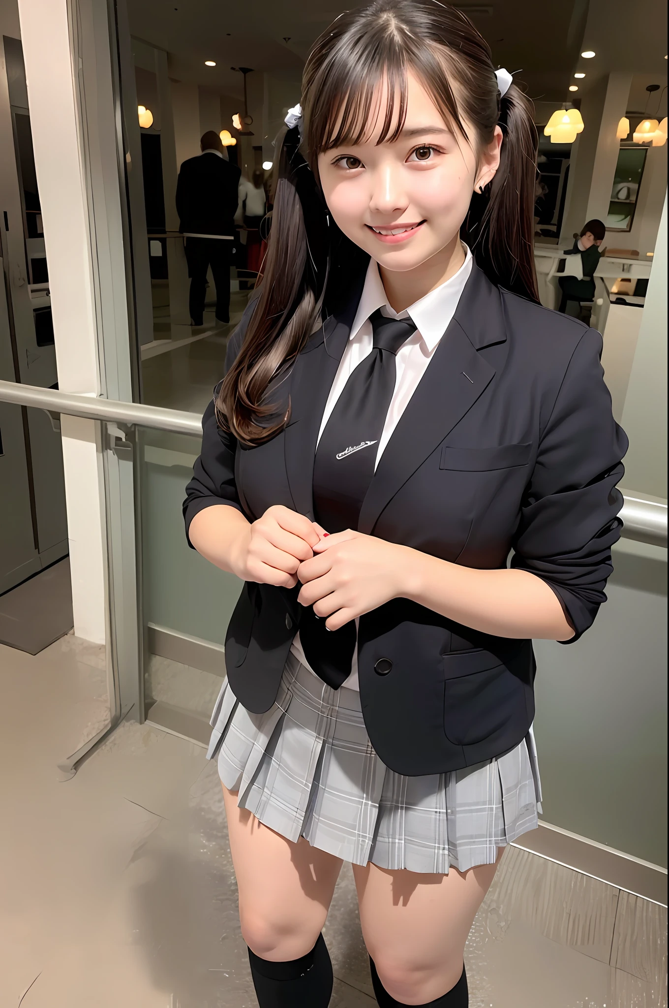 Top Quality, (Ultra High Definition: 2.1)), Ultra High Definition, 8k, (Photorealistic: 1.4), RAW photo, portrait, photography, detailed skin, (Detailed skin: 1.34), 1 girl, (18 years old: 1.2), ((Blazer, Setup, Gray)), (Same color up and down)), Shirt with collar, ((School uniform)), socks, Loafers, ((twin tails)), (black or brown hair), (chubby), shoulder width: 0.7, full body figure, (super big: 1.3), super mini skirt, (dimples), fat, (((fair-skinned: .1.1)), from the bottom, thighs, (round face), round beautiful eyes, (sagging eyes), showing teeth and laughing, smile,