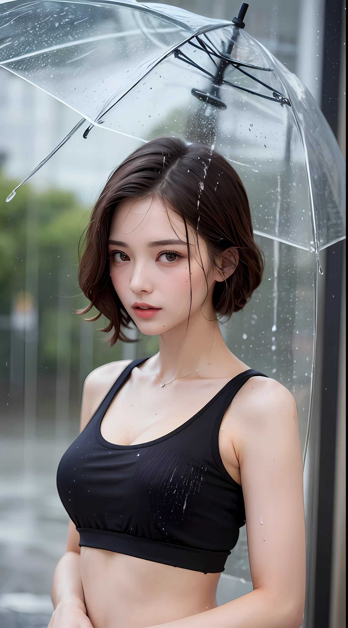 (Best quality, 4k, Masterpiece :1.3), pretty woman, 1girl, sexy :1.1, dark brown hair: 1.1, (rainy wet, wet from rain, wet body :1.2), white tank tops, ultra-detailed face, detailed lips, detailed eyes, double eyelid