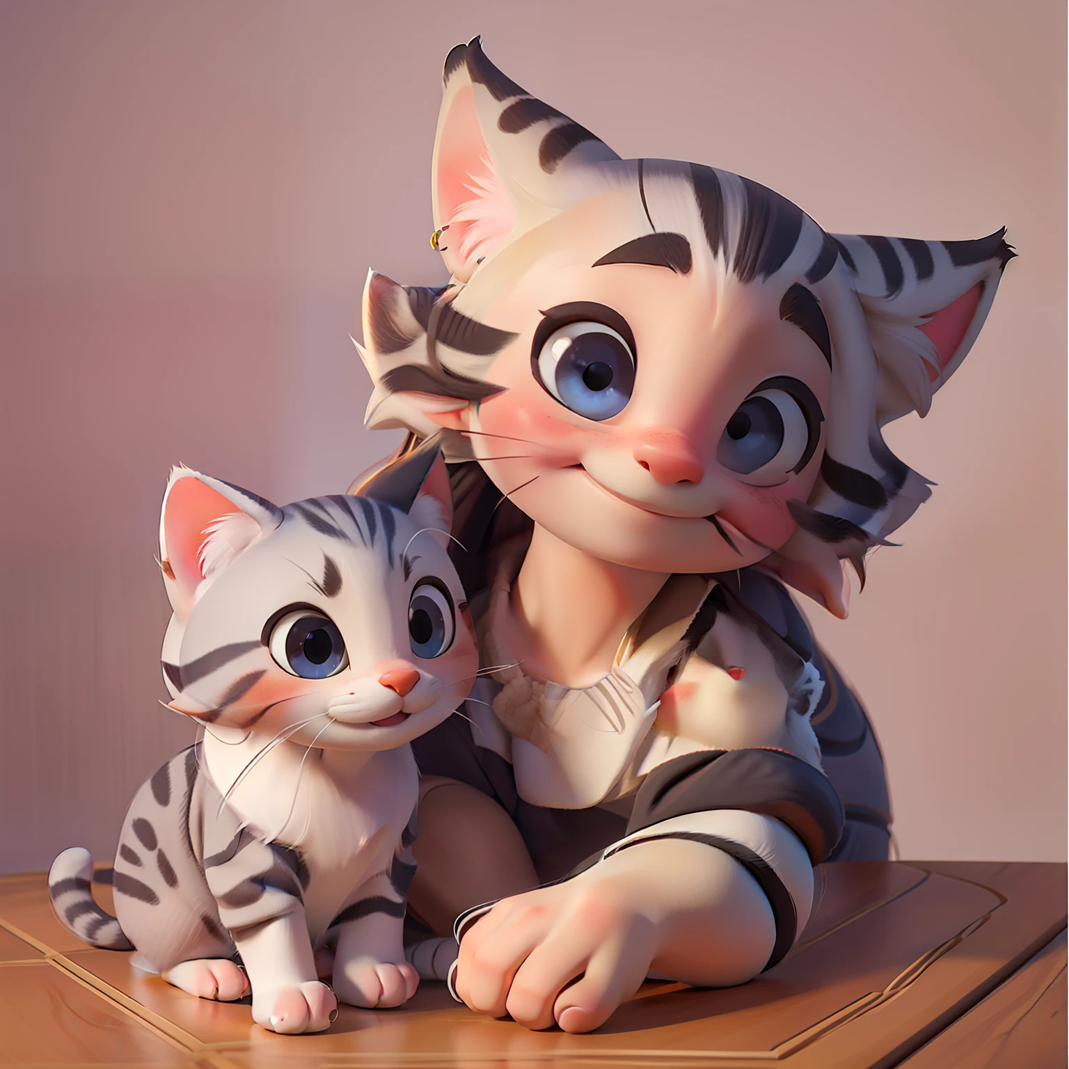Cat with Kitten, dreamworks cartoon style, white background, happy mood