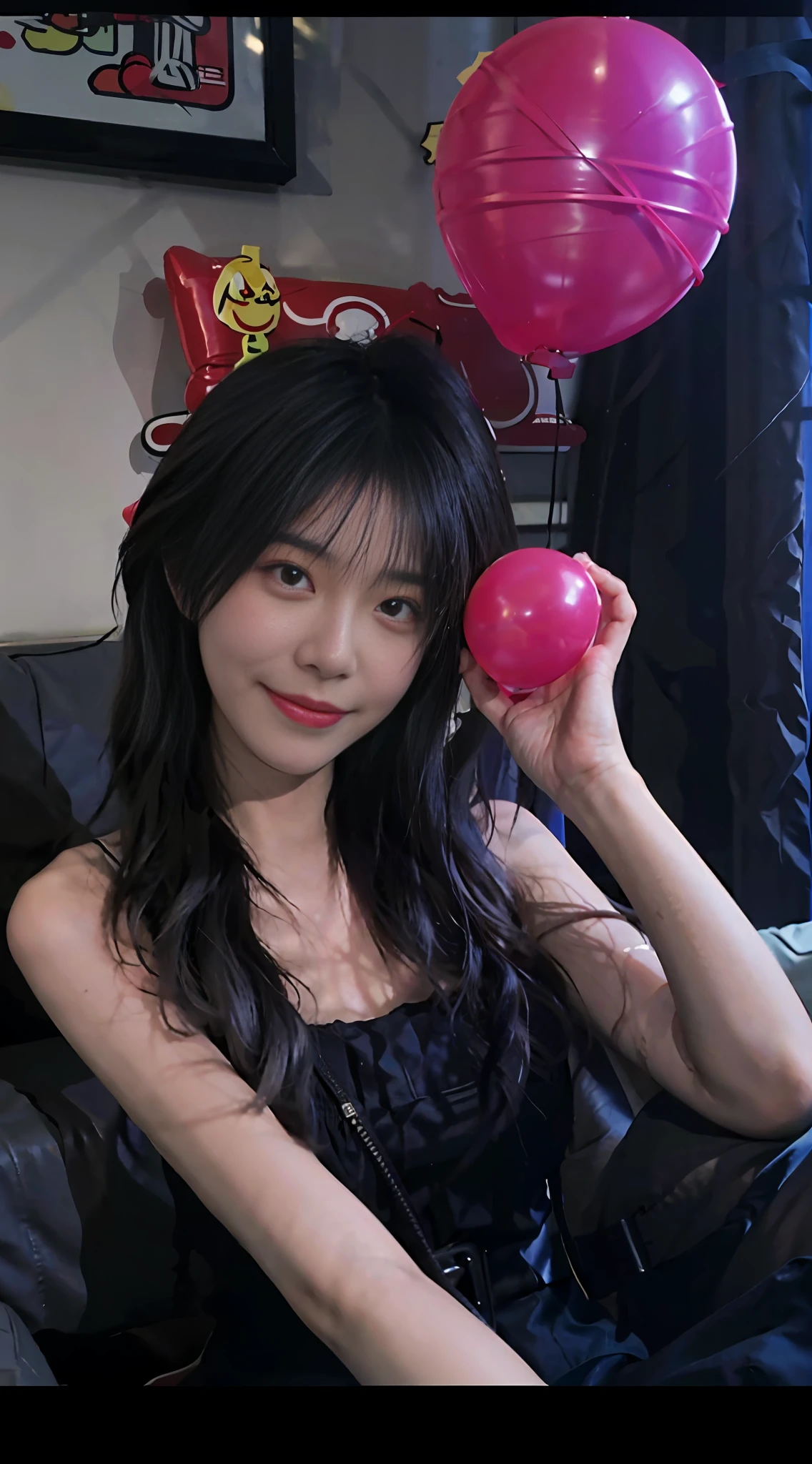 A girl, edited photography, shot with Canon EOA 6 D Mark II, holding a balloon, official artwork, photographed in Canon EOS R 5, photographed in Canon EOS R5, photographed in Canon EOS 5 D Mark IV, delicate facial features, delicate eyes, top-down angle, smile