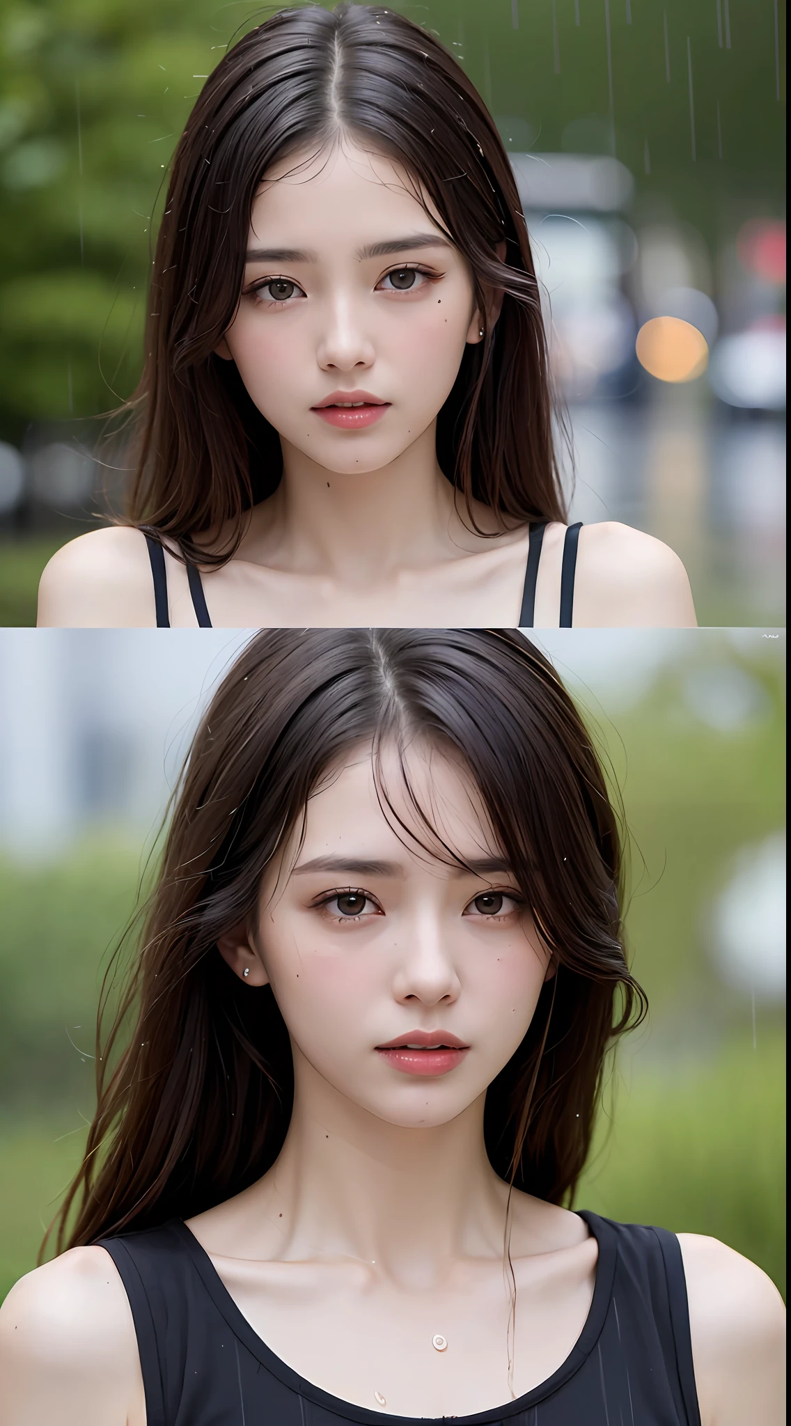 (Best quality, 4k, Masterpiece :1.3), pretty woman, 1girl, sexy :1.1, dark brown hair: 1.1, (rainy wet, wet from rain, wet body :1.2), white tank tops, ultra-detailed face, detailed lips, detailed eyes, double eyelid