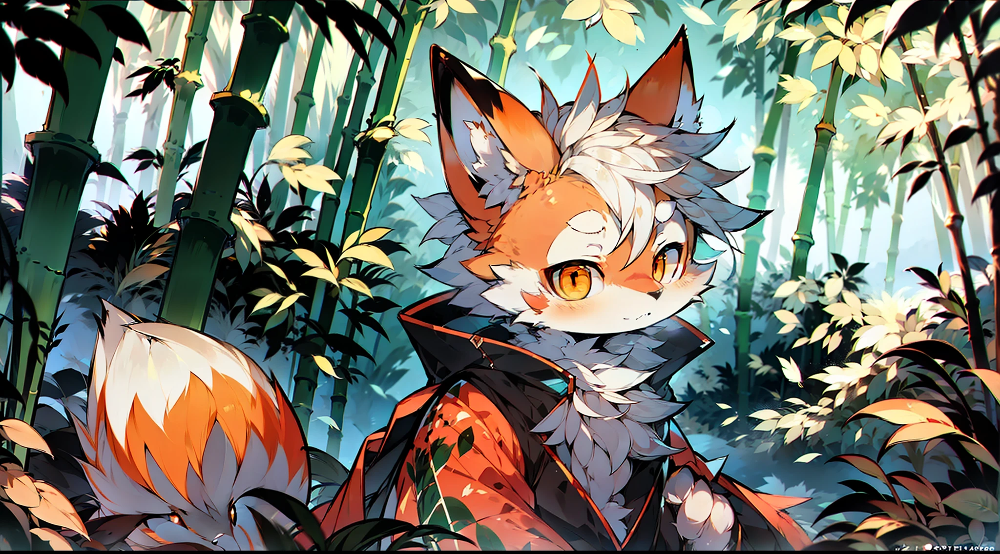 An orange and white fox, furry character, female, shy expression, no clothes, cute, feminine, volumetric light, HD details, bamboo forest, stream, mist rising, contour light, Tyndall effect, masterpiece, master level