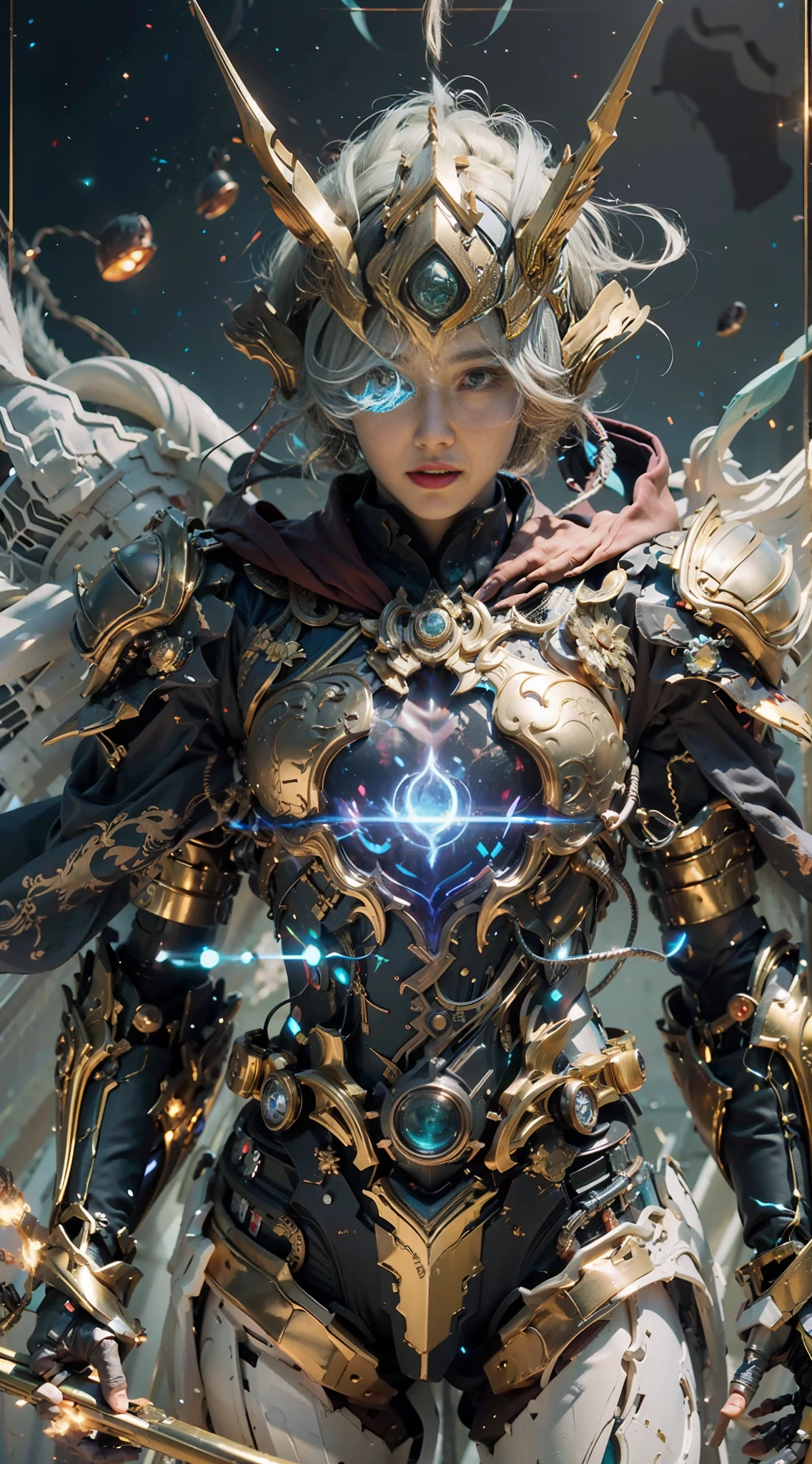 A Dragon Emperor in the Milky Way, Sun Surface on background, Golden Saint Seiya Limb Armor, (Cloak), (Dragon Symbol: 1.5), (Gundam Exia: 1.5), (Starry Sky: 1.8) (Mecha) (Mechanical) (Armor), (Open leg: 1.3), Perfect, (Wide Angle), (Black Background: 1.6), Best Quality, Masterpiece, Super Resolution, (Reality: 1.4), Crazy Detail, Unrealistic Engine Style, Boca Effect, David La Chapelle style lens, bioluminescent palette: light blue, light gold, light pink, bright white, wide angle, ultra-fine, cinematic still life, vibrant, Sakimichan style, perfect eyes, highest image quality 8K, inspired by Harry Winston, Canon EOS R 6 shooting masterpiece "Chaos 50,--, under eye mole, ray tracing, surrealism, textured skin --s2