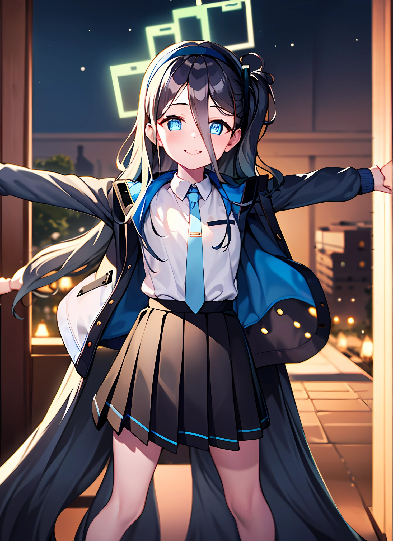 pureerosface_v1:0.66), best quality, ultra high definition, (photorealistic: 1.4), one girl, fine eyes, dark-eyed makeup, slim waist, blush, K-pop idol, (charm: 1.0), fine-eyed makeup, puffy eyes, solo, perfect anatomy, (big), (slender), (black hair: 1), (watch viewers). (original_alice), (light blue tie), (marine blue eyes), (zhuo),(alice_halo:0.7),(blue halo),(smile),(happy),(pigtails),(long hair),(long bangs),(blue archive),(black hair band),(long coat),(school uniform),(white long-sleeved shirt),(pleated skirt),(navy blue skirt), Depth of field, facial details, skin luster, beautiful eyes, dark eye makeup, slim waist, blush, fine eye makeup, solo, perfect anatomy. (((Gentle smile))).Night.Room.Stretch your chest.