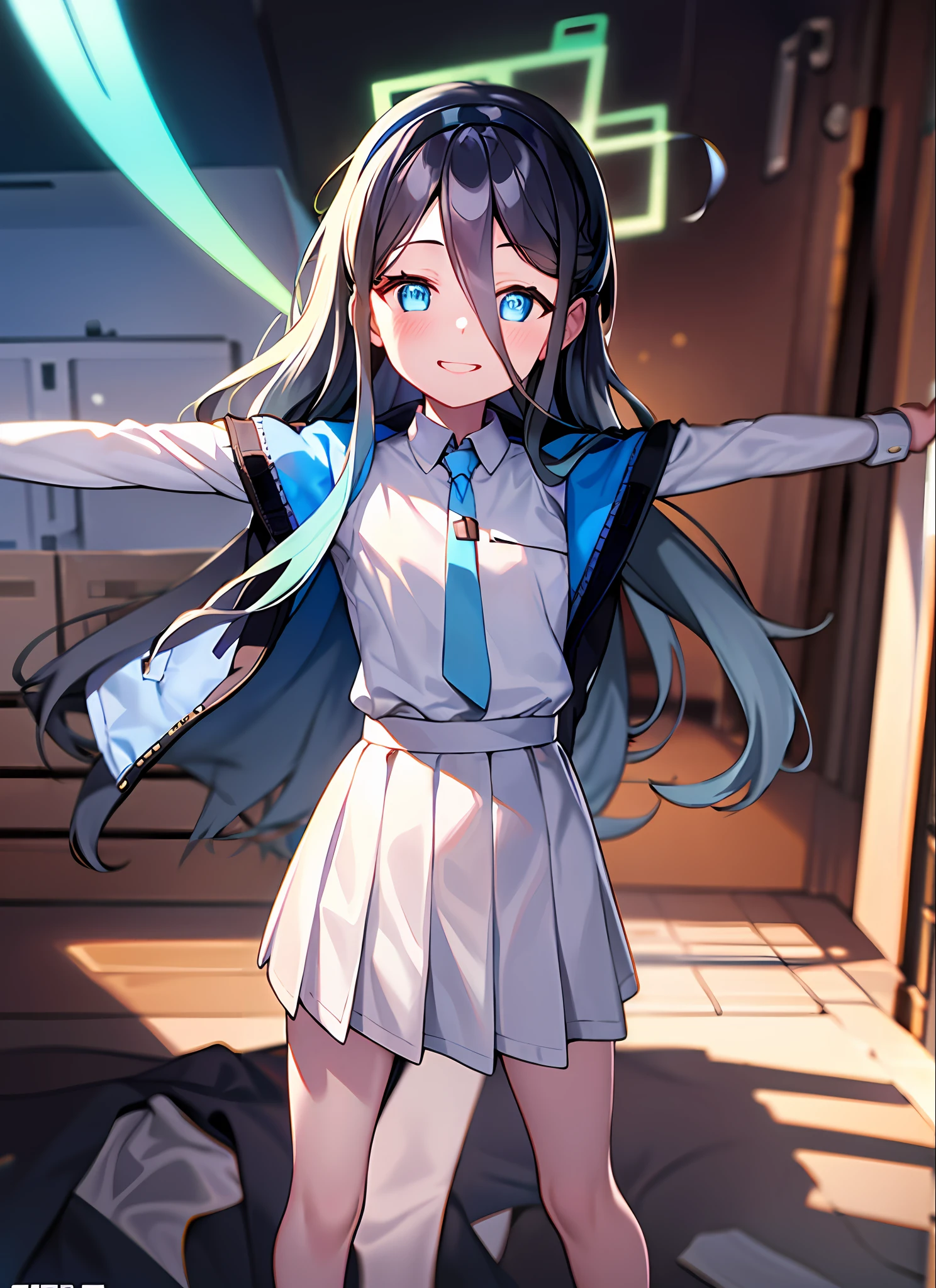 pureerosface_v1:0.66), best quality, ultra high definition, (photorealistic: 1.4), one girl, fine eyes, dark-eyed makeup, slim waist, blush, K-pop idol, (charm: 1.0), fine-eyed makeup, puffy eyes, solo, perfect anatomy, (big), (slender), (black hair: 1), (watch viewers). (original_alice), (light blue tie), (marine blue eyes), (zhuo),(alice_halo:0.7),(blue halo),(smile),(happy),(pigtails),(long hair),(long bangs),(blue archive),(black hair band),(long coat),(school uniform),(white long-sleeved shirt),(pleated skirt),(navy blue skirt), Depth of field, facial details, skin luster, beautiful eyes, dark eye makeup, slim waist, blush, fine eye makeup, solo, perfect anatomy. (((Gentle smile))).Night.Room.Stretch your chest.
