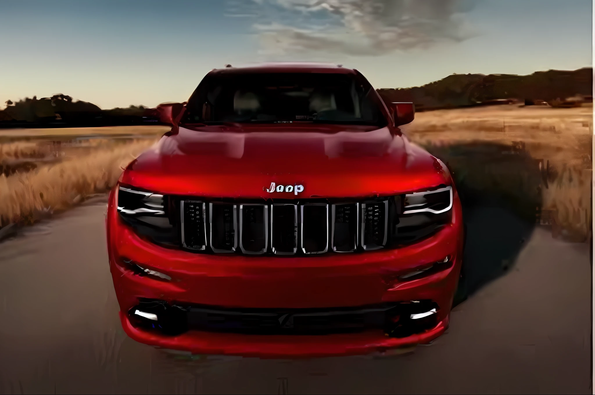 a red jeep parked on a road in a field, jeep, dominating red color, future jeep concept suv, jeep in background, red car, red colored, high quality picture, 🦩🪐🐞👩🏻🦳, big!!!!!!!!!!!!, 🤬 🤮 💕 🎀, 🔥 😎 🕹️ 👀 :2, 🔥 😎 🕹️ 👀 --auto