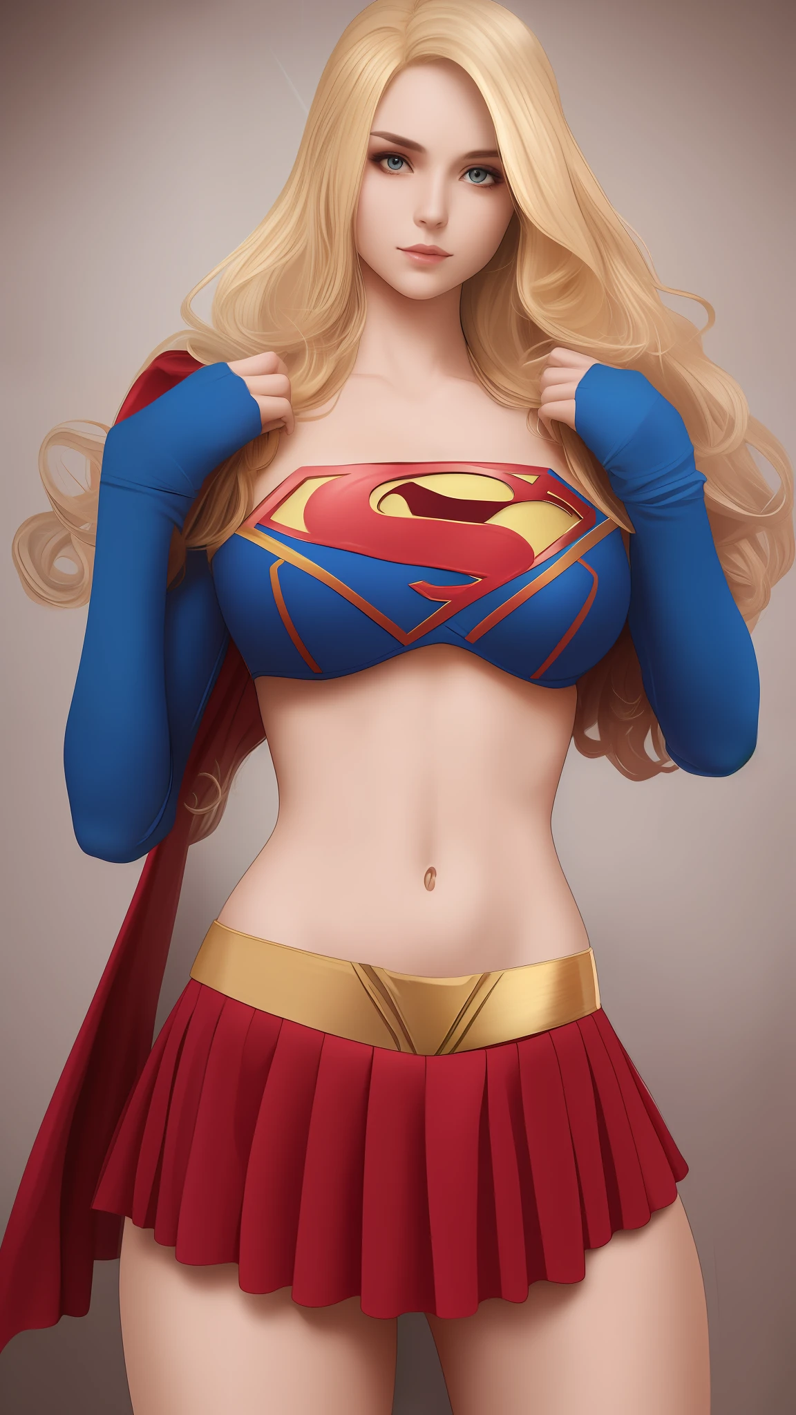 Beautiful American woman long blonde hair, 23 years old, hourglass body,huge breasts, defined body, wearing lace lingerie:1.6 (((bra, thong panties and 7/8 Supergirl cosplay sock)) --auto