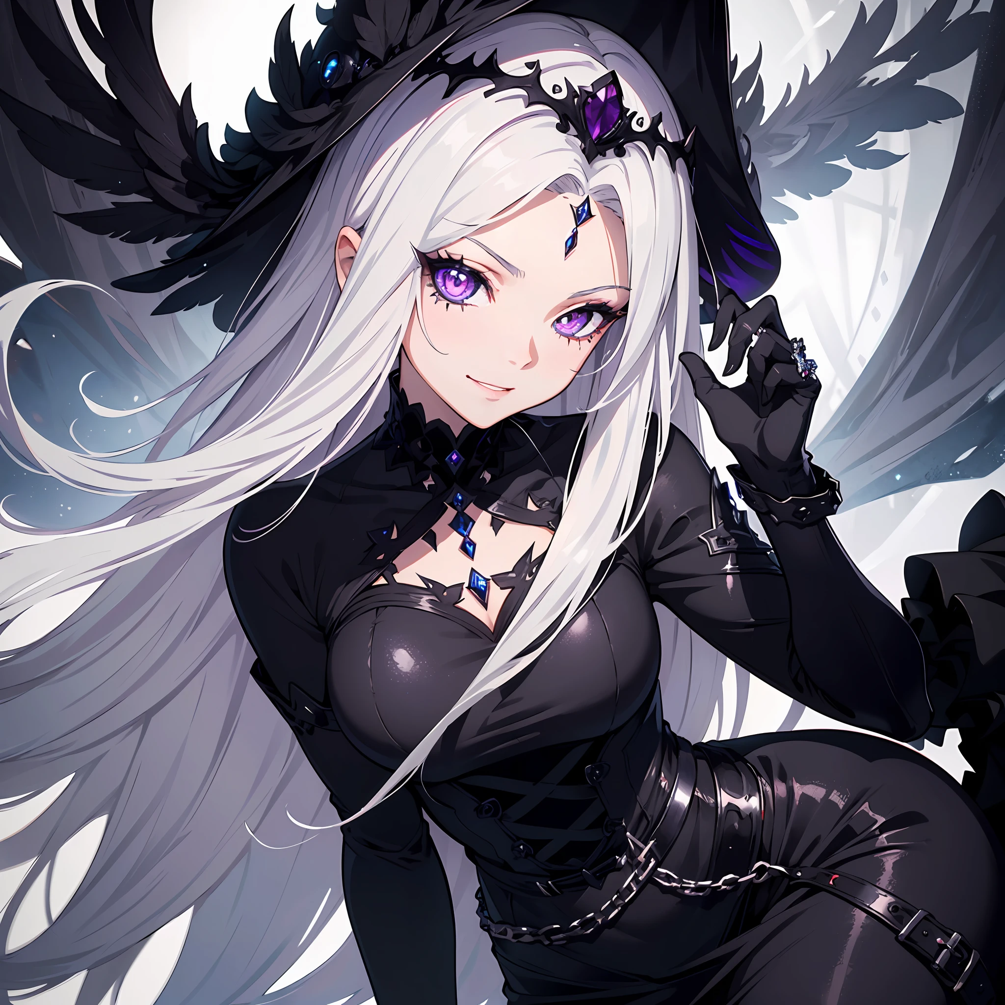 1 girl, ((long white hair)), purple eyes, ((black sclera)), Dilated eyes, evil smile, long black dress, dark arm armor, gothic, detailed, fixed gaze, detailed, silver tiara with a purple jewel on the forehead, upper angle, volumetric cinematic lighting, (((highly detailed))