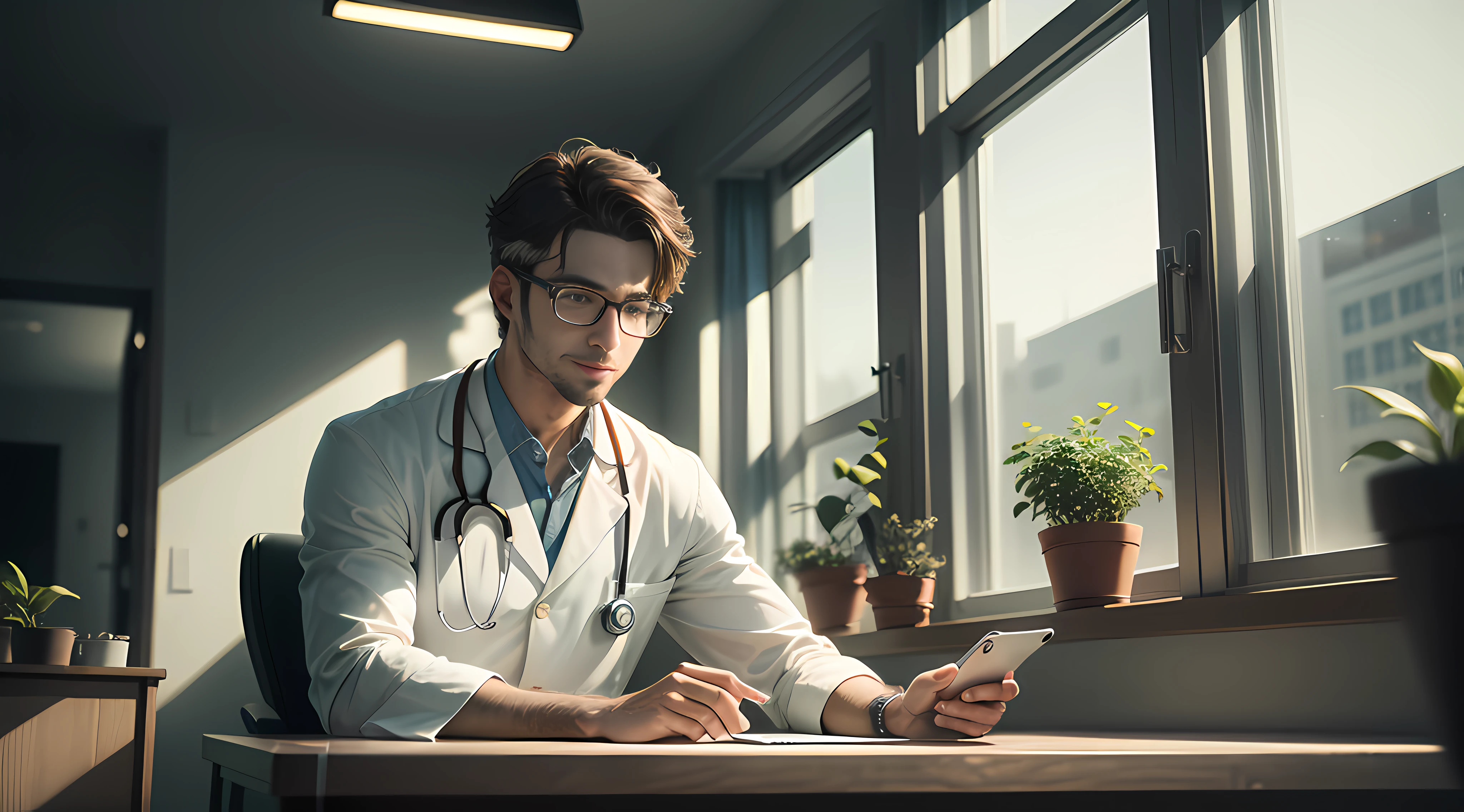 A handsome male doctor wearing glasses conducts academic thinking at a computer desk Medical Scientific Research Data Visualization Intelligent System Bright Transparent Strong Light Glare White Background Edge Blur Soft Electronic Device Computer Screen Data Point Diffusion Dynamic Spacious, Harmonious Atmosphere Smile Facial Details White Theme Style White Soft Light on the Edge of the Image Electronic Transparent Form Large Floor-to-Ceiling Window Direct Sunlight Green Plants Outside the Window Institutional Environment, UHD, retina, super detail, high details, textured skin, ccurate