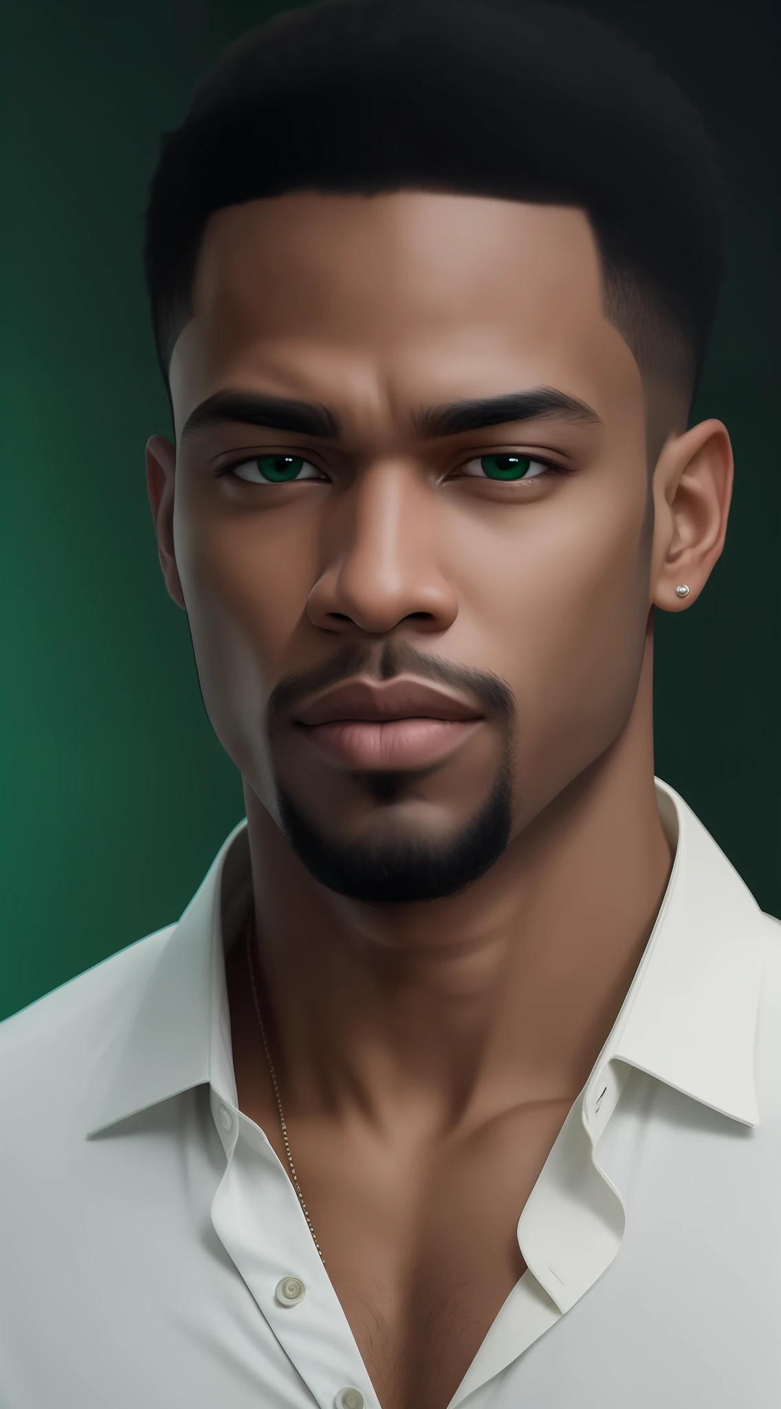 Kael: Portrait of handsome black man, face zoom, serious expression, short hair and no beard, green background