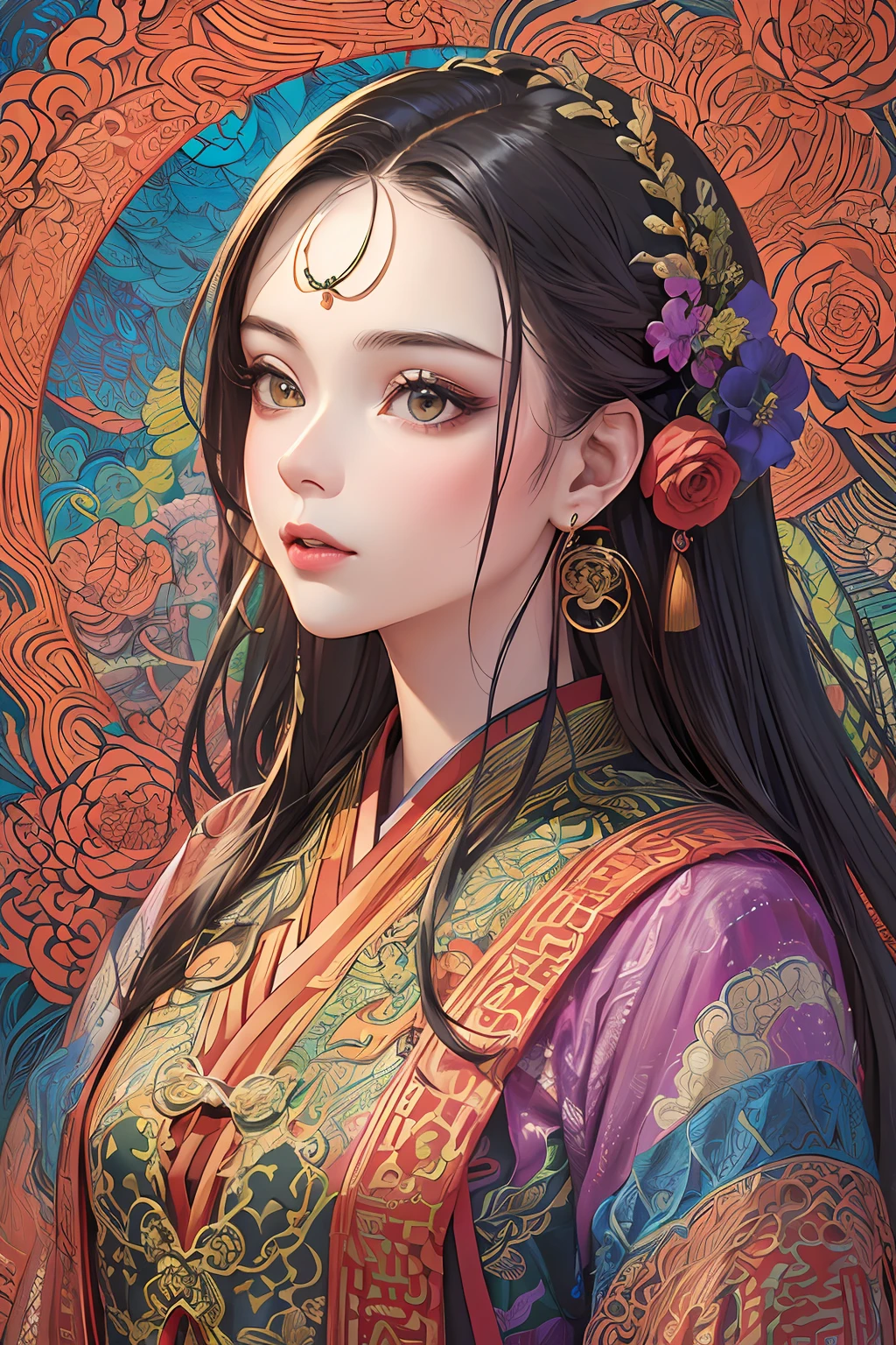 (masterpiece, top quality, best quality, official art, beautiful and aesthetic:1.2), (1girl:1.3), extremely detailed,(fractal art:1.1),(colorful:1.1)(flowers:1.3),highest detailed,(zentangle:1.2), (dynamic pose), (abstract background:1.3), (chinese Traditional cloth:1.2), (shiny skin), (many colors:1.4), ,(earrings:1.4),