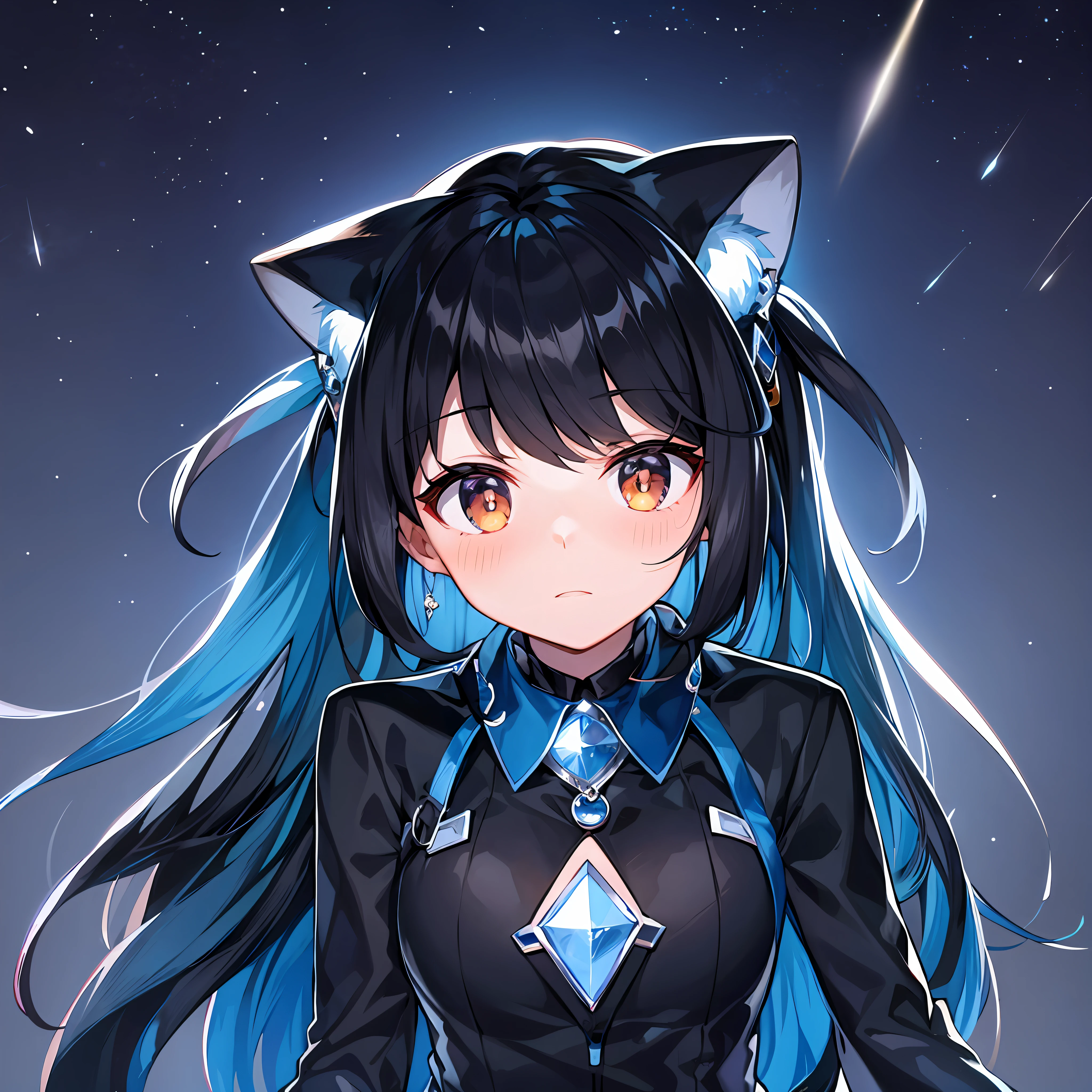 "Black hair, space backdrop, big moon"