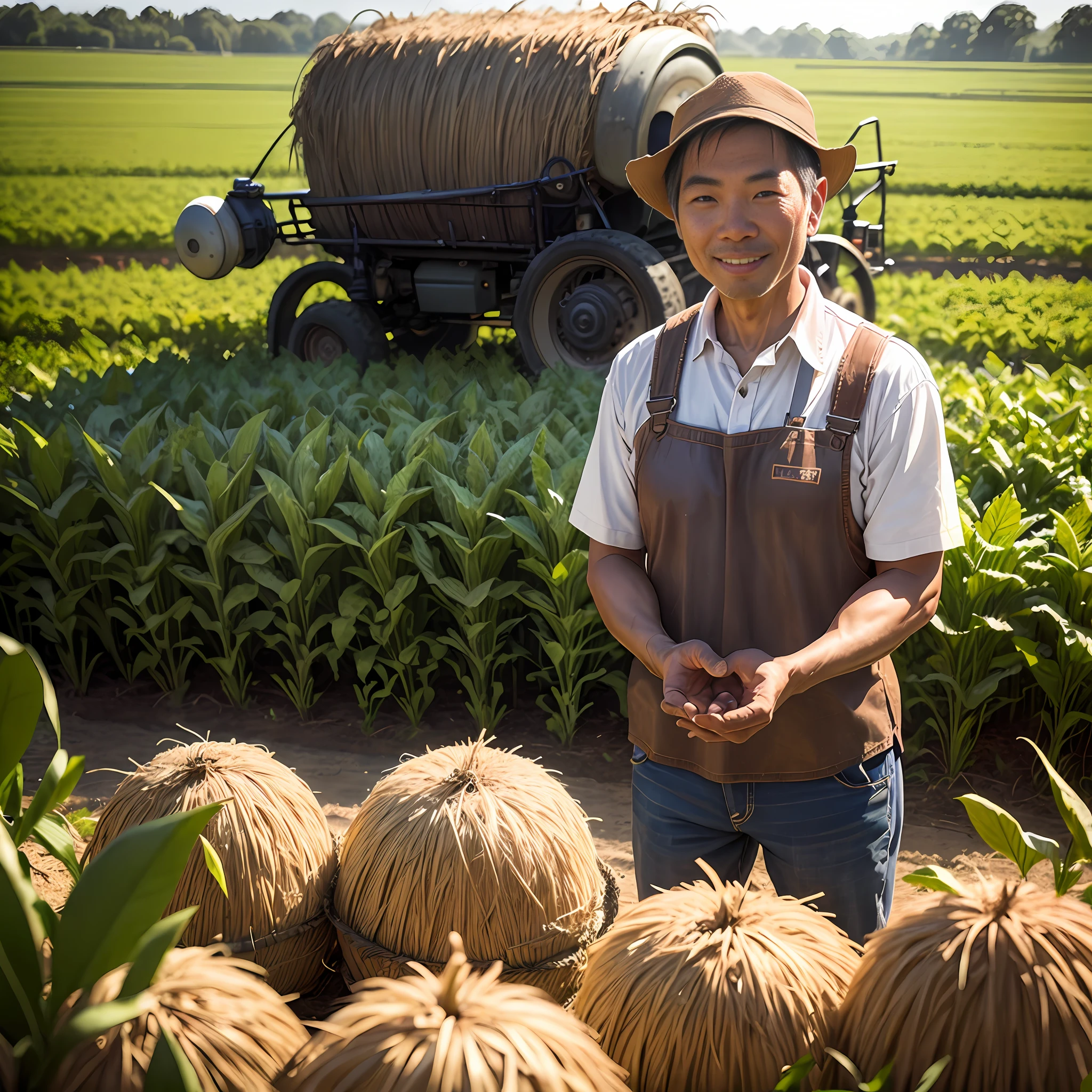 arafed farmer standing in a field with a hay trailer in the background, japanesse farmer, farmer, japan harvest, asian man, stock photo, no crop, by Cheng Zhengkui, portrait shot, by Yasushi Sugiyama, tall farmer, california;, vietnam, rural japan, premium quality, very high quality, miyazaki hayao