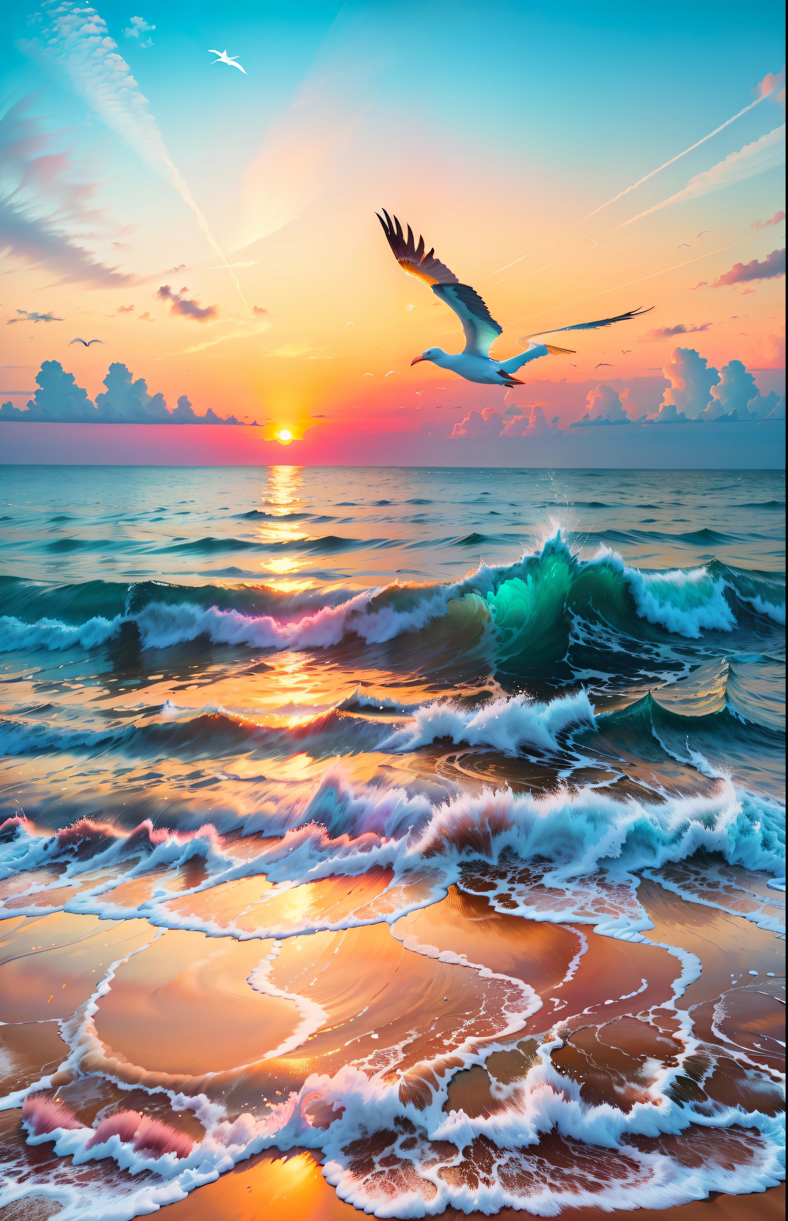 An absolutely mesmerizing sunset on the beach, with a mix of orange, pink, and yellow in the sky. The water is crystal clear, gently kisses the coast, and the white sand is endless. The scene is dynamic and breathtaking, with seagulls soaring high in the sky and palm trees swaying softly. Immerse yourself in the calm atmosphere and let the serenity surround you.