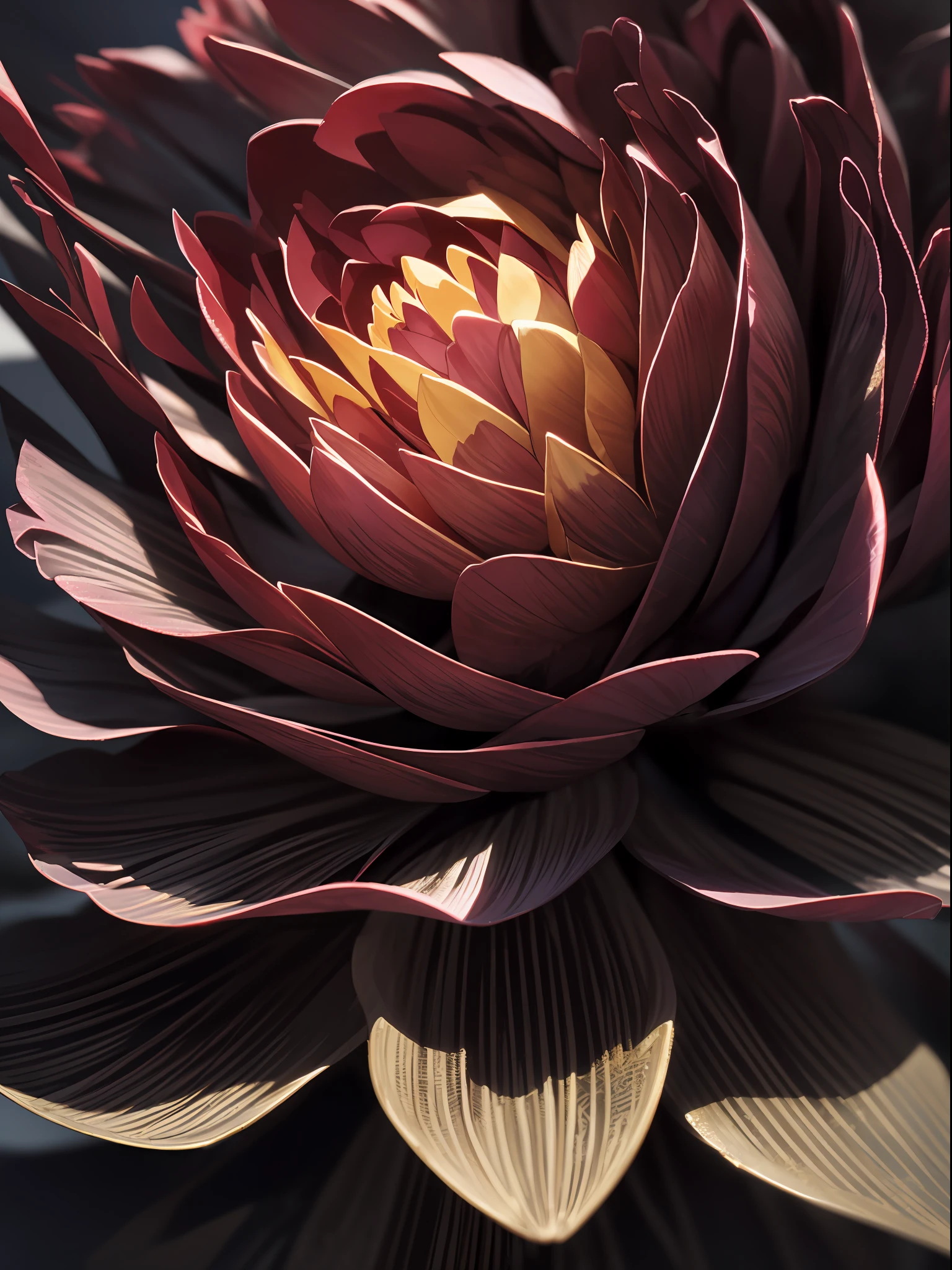 macro, a glorious (darkness-infused black peony:1.3), frozen, (sparks and lights in the air), intricate gilded details, beautiful, stunning, sublime, volumetric light, vibrant twilight colors, frost texture, delicate details, sharp and crisp image, dynamic composition, perfectly framed, highest quality, breathtaking, realistic, good shadows