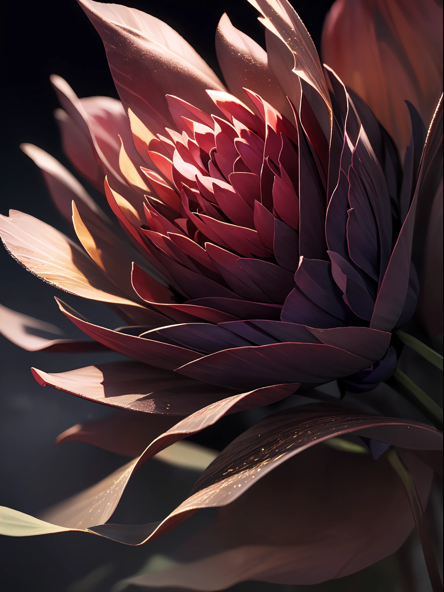macro, a glorious (darkness-infused black peony:1.3), frozen, (sparks and lights in the air), intricate gilded details, beautiful, stunning, sublime, volumetric light, vibrant twilight colors, frost texture, delicate details, sharp and crisp image, dynamic composition, perfectly framed, highest quality, breathtaking, realistic, good shadows