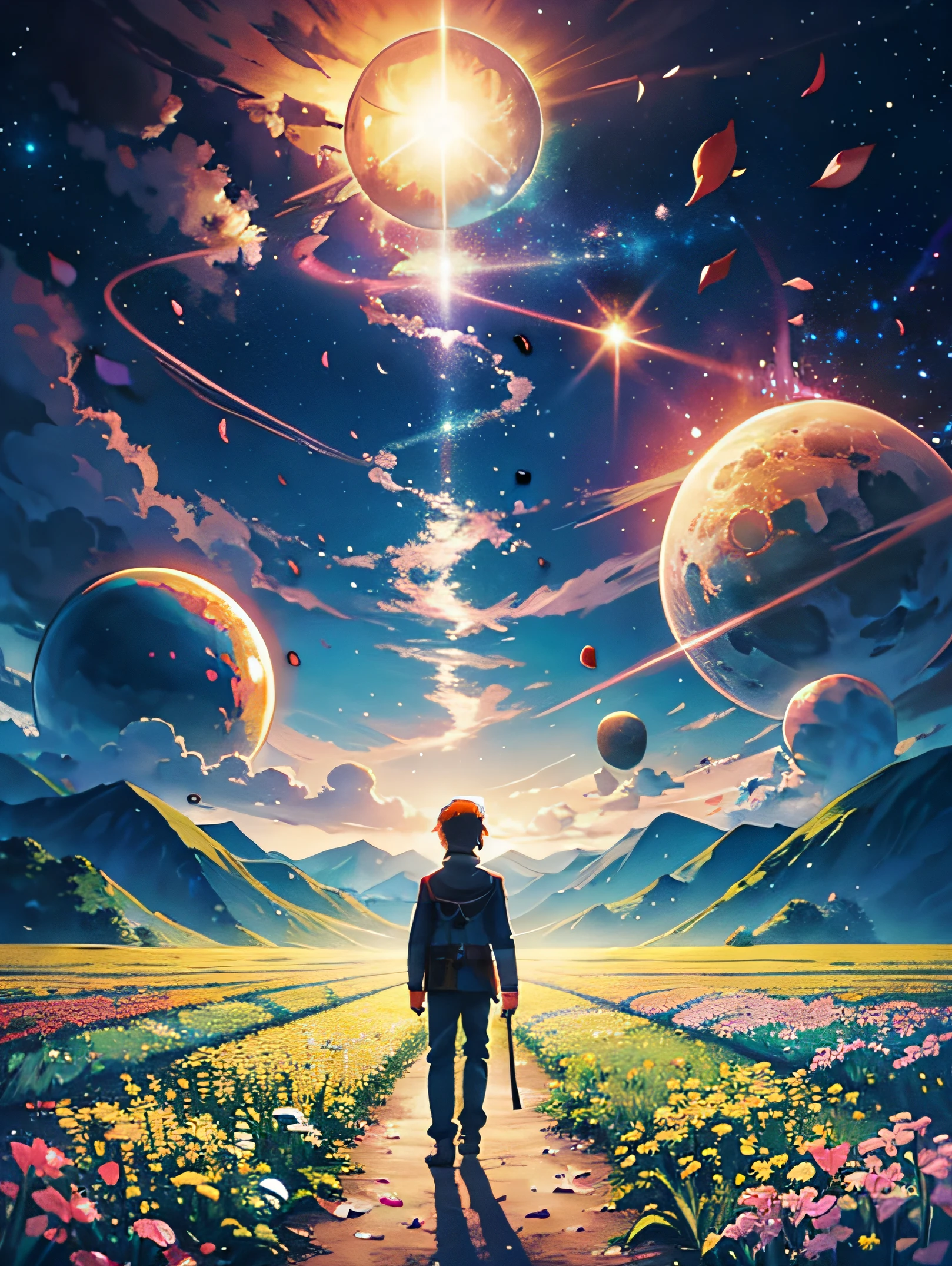 Expansive landscape photograph,(View from Below,Sky and wilderness below),look up,(with full moon:1.2),(shooting star:0.9),(star nebula:1.3),Distant mountains,tree BREAK production art,(warm light source:1.2),(glowworm:1.2),lamps,purple and orange,Complicated Detail,volume lighting,Realism rests(Meisterwerk:1.2)(best quarity), 4K,Super delicate,(Dynamic Configuration:1.4),High level of detail and colorful details,(Iridescent Colors:1.2),(Glowing Lighting,Atmospheric Lighting),Dreamlike,magical,(solo:1.2)