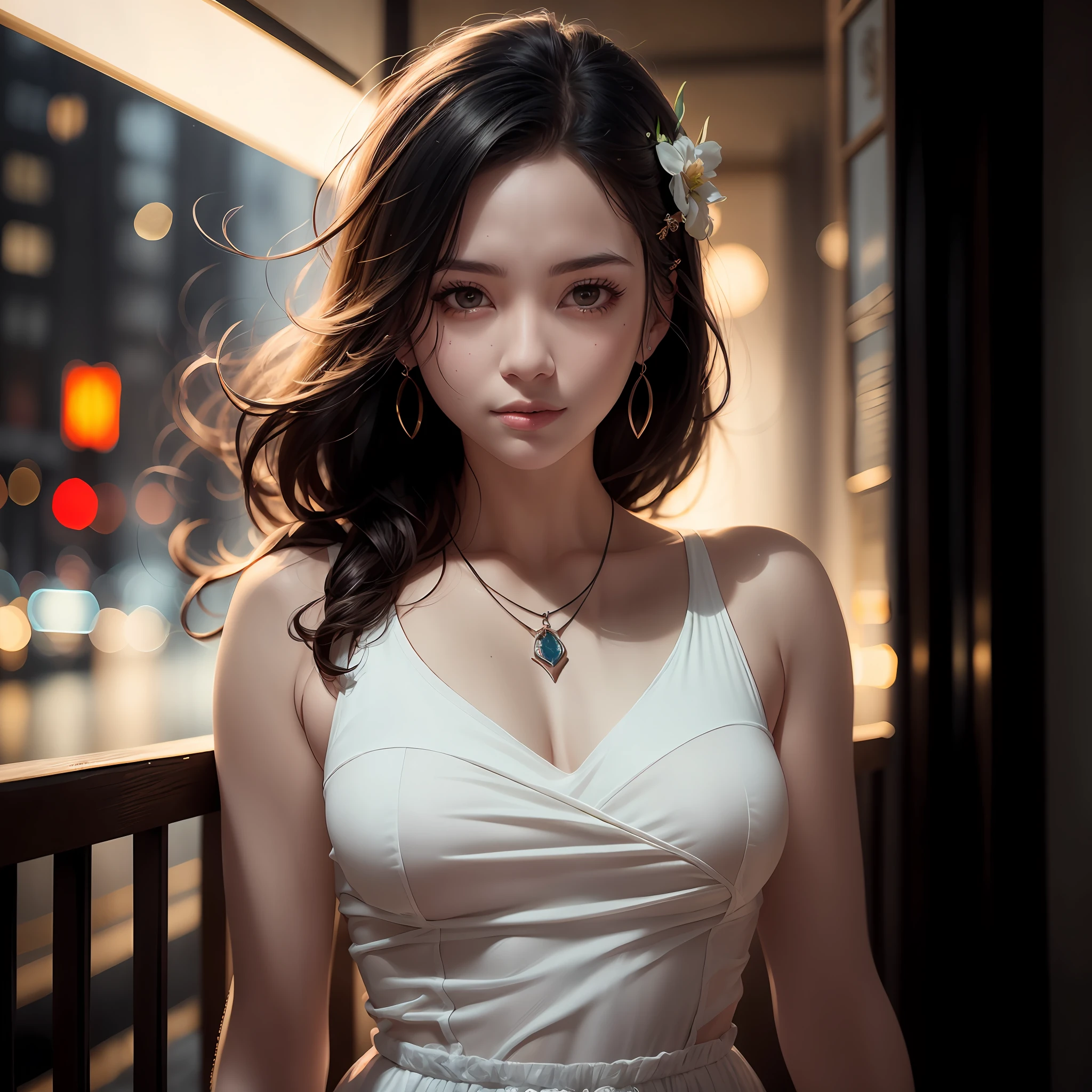 there is a woman in a white dress standing on a balcony, 8k artgerm bokeh, ross tran 8 k, soft portrait shot 8 k, cinematic bust shot, brandon woelfel, cinematic bust portrait, by Jason Chan, photo of a beautiful woman, cyberpunk beautiful girl, cinematic portrait, wlop and ross tran, in the style of ross tran
