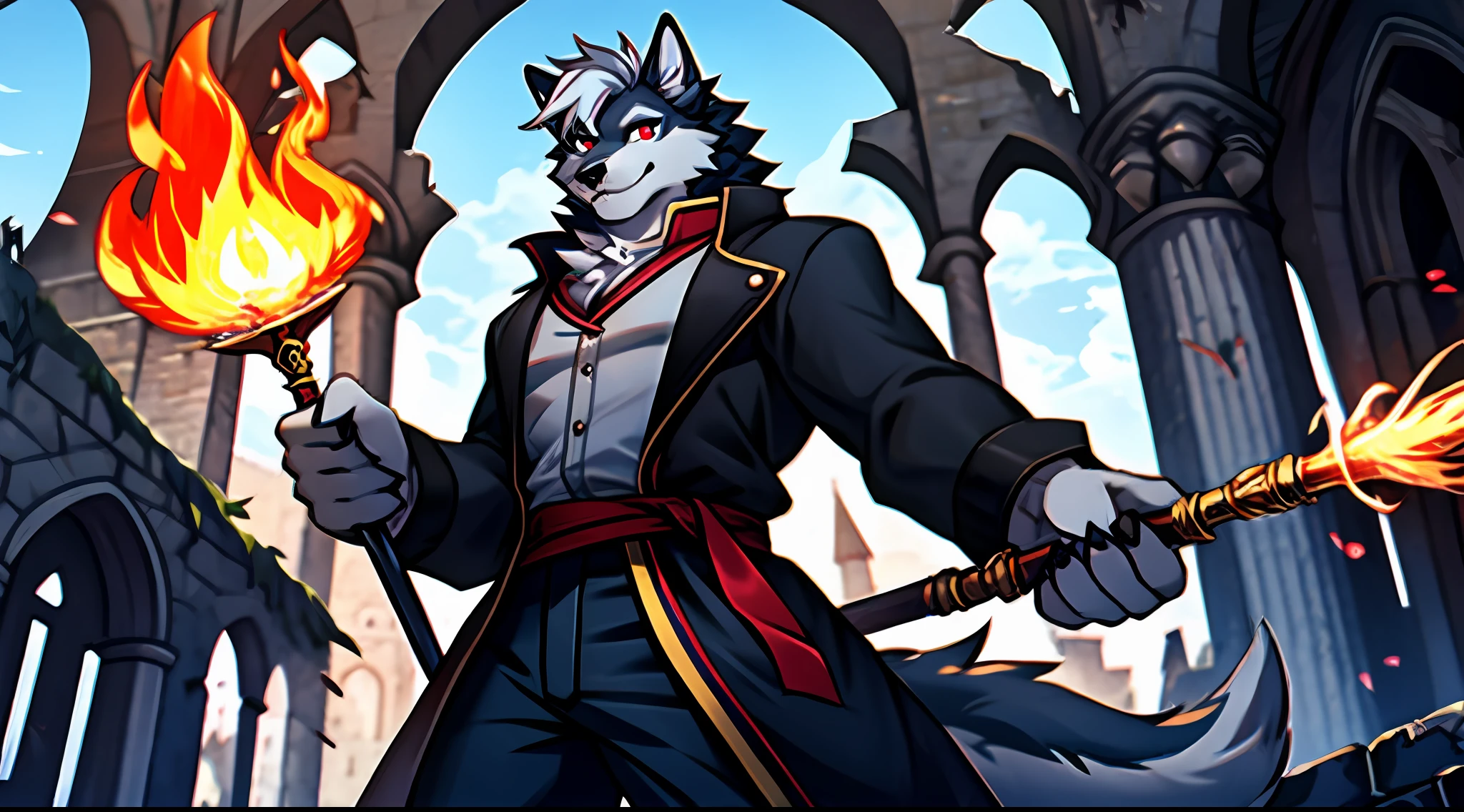 (male wolf) (furry), in the ruins of a castle, detailed face (left eye red) (right eye white) (gray hair with red stains), short hair, looking at viewer, seductive smile (smirking), trench coat with golden accessories, dark gray dress pants, digital painting, furry art, mage, yielding a staff, magical fire, black fur, long soft tail, high quality, highly detailed, 8K, HD, blurr background, basic background