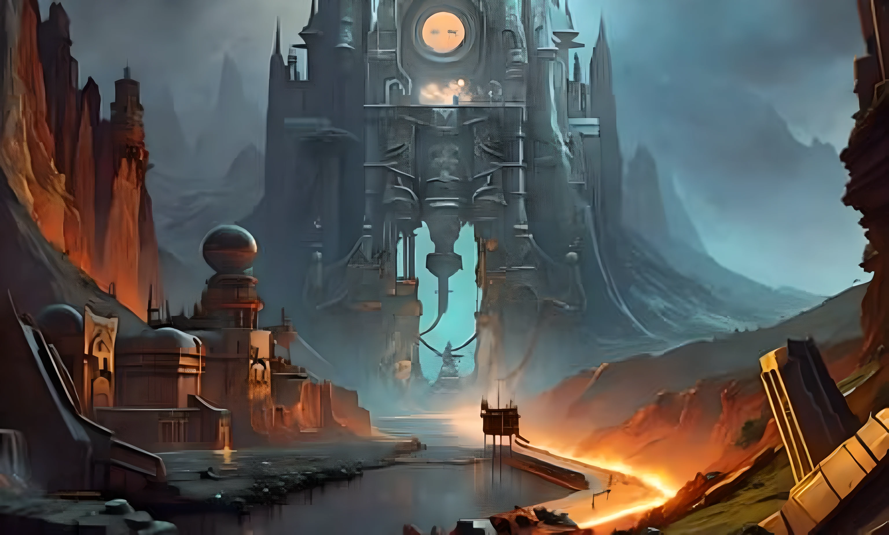 An ancient dwarven stronghold, carved deep into the mountain, with massive stone gates, sprawling tunnels, intricate machinery. ancient, formidable, underground, mechanical, midnight.
(award winning) (masterpiece:1)(best quality) (detailed) (8k) (HDR) (wallpaper) (dramatic lighting) (sharp focus)(PaintStyle4:0.7) (protogemb2:0.8)