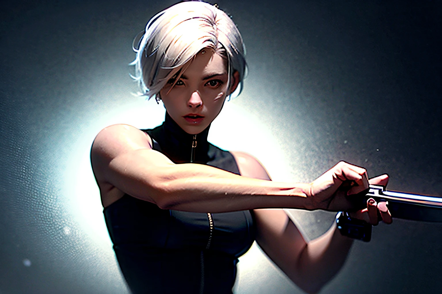 a human woman with short white hair holding a short sword and a firearm