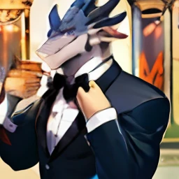 Solo, furry, male western dragon, handsome model, sapphire blue scales, gray ears, smoky purple eyes, sharp claws, huge tail, wearing a dark green suit, tying a red bow tie, drinking champagne, detailed background, prom