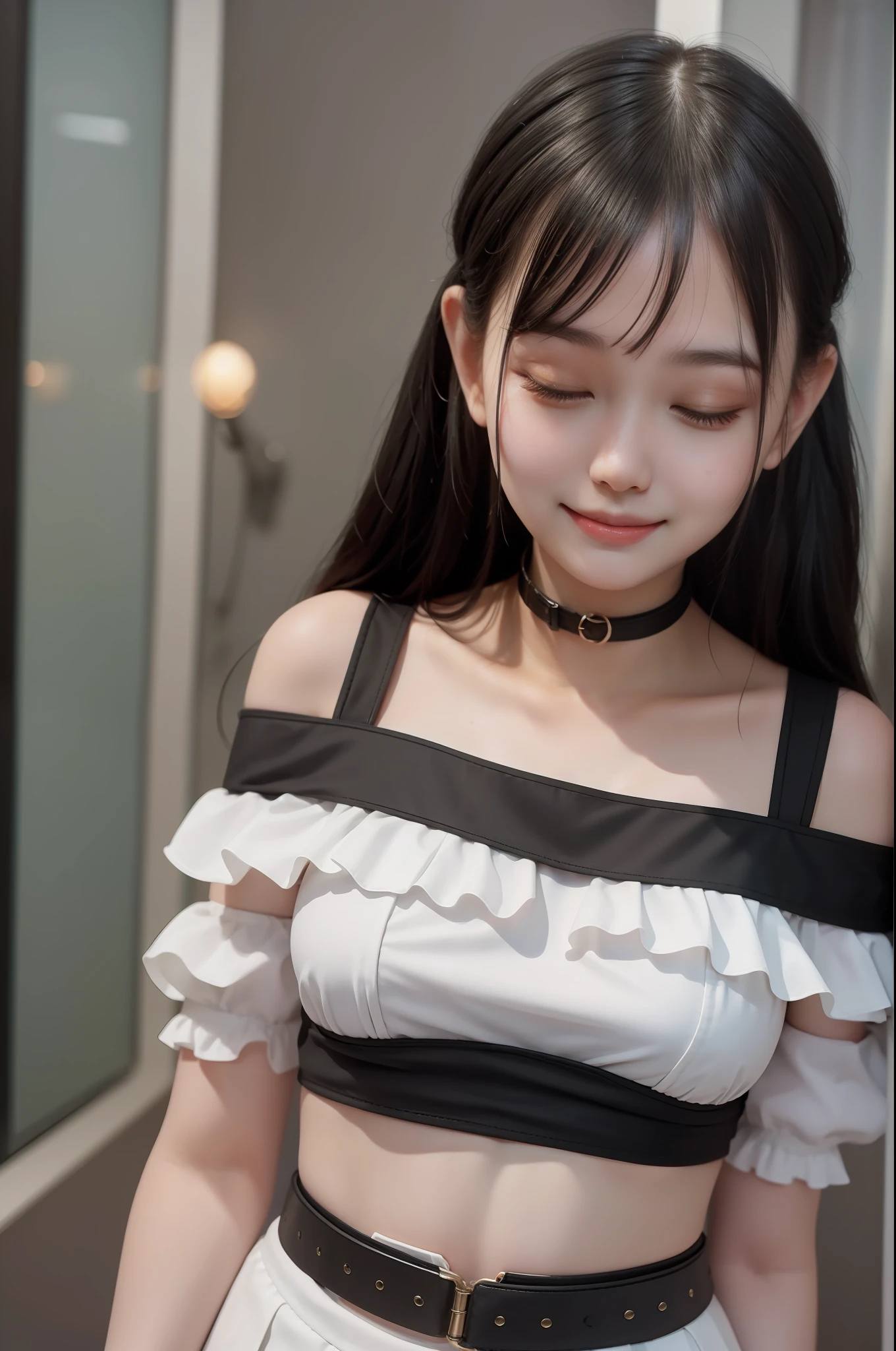 top quality, masterpiece, cinematic lighting, girl, smile, right eye closed, black hair, black eyes, white off-the-shoulder, black mini skirt