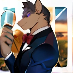 Solo, furry, male western dragon, handsome model, sapphire blue scales, gray ears, smoky purple eyes, sharp claws, huge tail, wearing a dark green suit, tying a red bow tie, drinking champagne, detailed background, prom