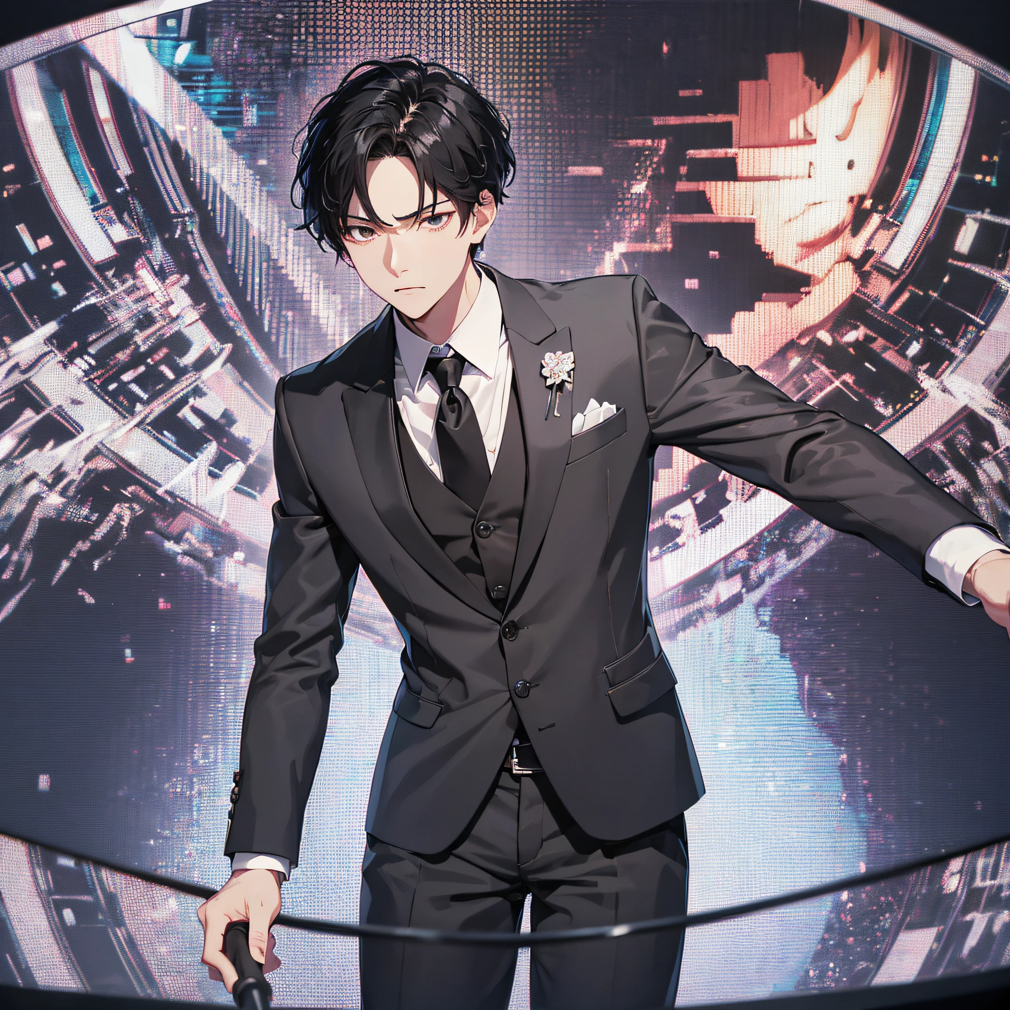 Absurd resolution, high resolution, (masterpiece: 1.4), hyper-detail, talk show stage, young man neatly short black hair, black suit, holding a microphone, serious expression