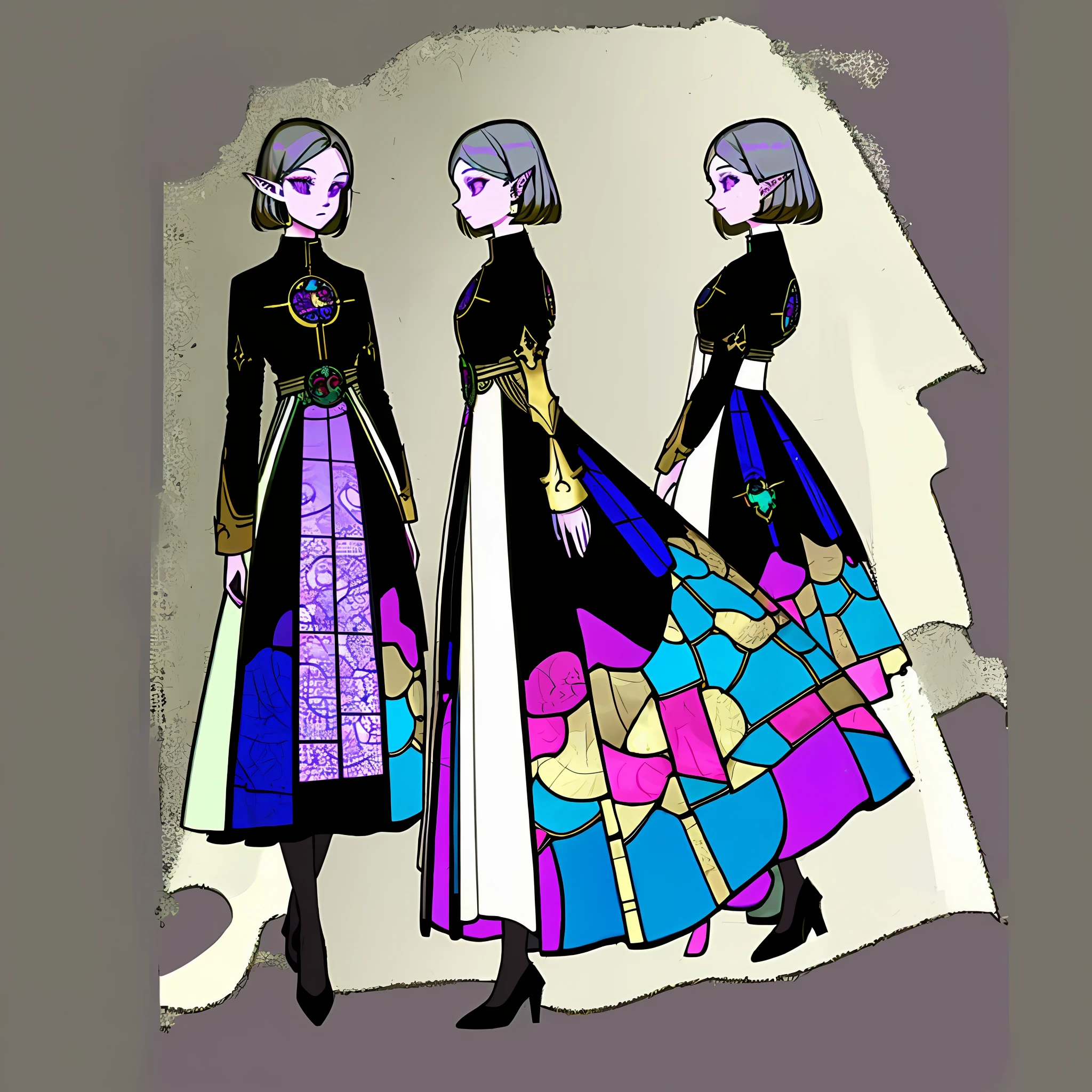 ((masterpiece)), ((best quality))), (character design sheet, same character, front, side, back), purple eyes with golden highlights, short silver hair, elf ears with star stud earrings, black dress with church stained window patterns, black high heels, intricate metal decorations, pale skin tone, (simple background, white background: 1.3) ,--6