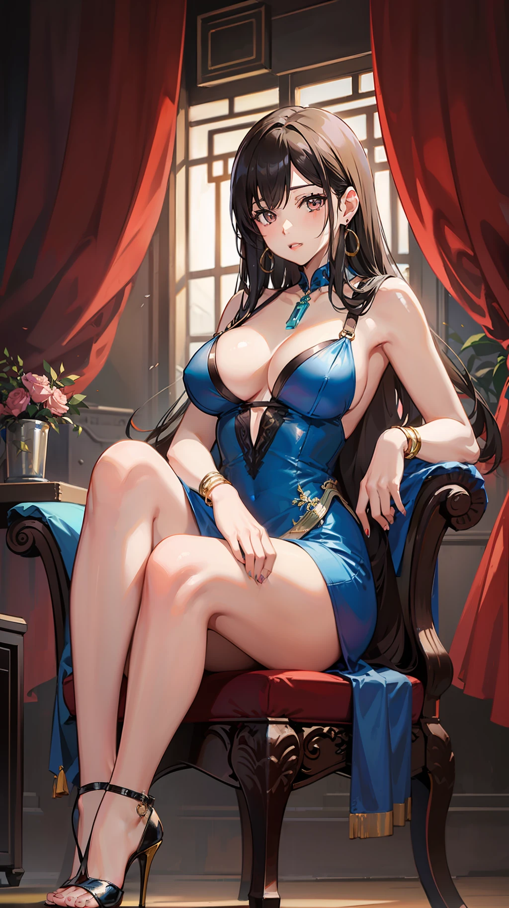 asian woman wearing short blue dress laying down on chair in light room, 1girl, jewelry, breasts, solo, high heels, earrings, sitting, dress, tifa lockhart, long hair, cleavage, large breasts