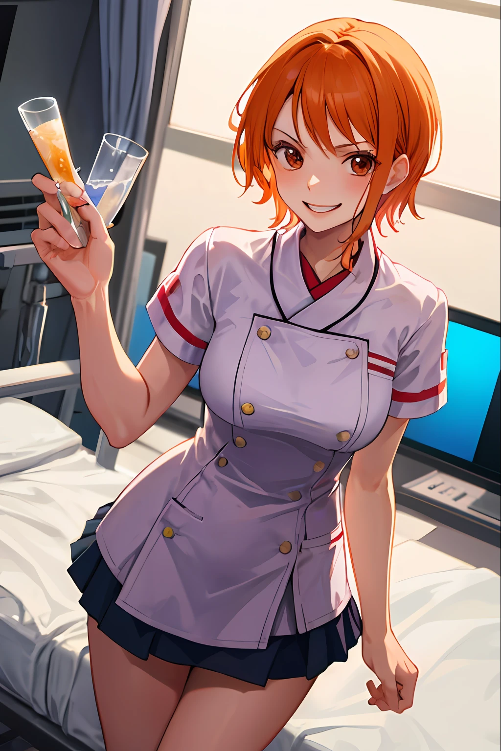 Nami (One Piece), Masterpiece, Best Quality, High Definition, One Girl, Evil Smile, Evil Smile, Evil Plan, Orange Hair, White Nurse Uniform, Short Hair, Brown Eyes, Mini Skirt, Hospital Room, Holding a Metal Bar