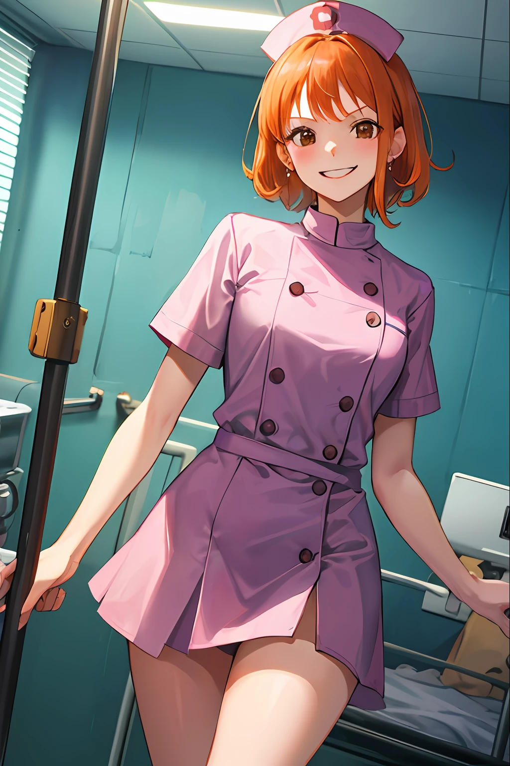 Nami (One Piece), Masterpiece, Best Quality, High Definition, One Girl, Evil Smile, Evil Smile, Evil Plan, Orange Hair, White Nurse Uniform, Short Hair, Brown Eyes, Mini Skirt, Hospital Room, Holding a Metal Bar