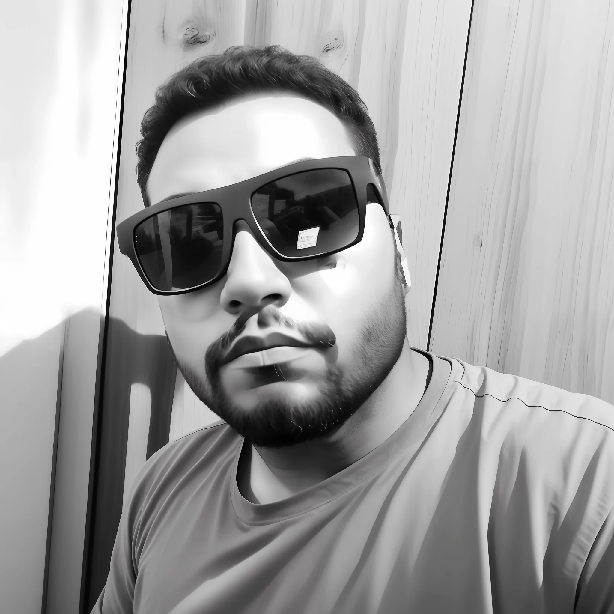 arafed man wearing sunglasses and a t - shirt in front of a wooden wall, inspired by Antônio Parreiras, wearing shades, with sunglass, shot with iphone 1 0, looking heckin cool and stylish, b&w photo, wearing versace sunglasses, black and white picture, shot with sigma f/ 4.2