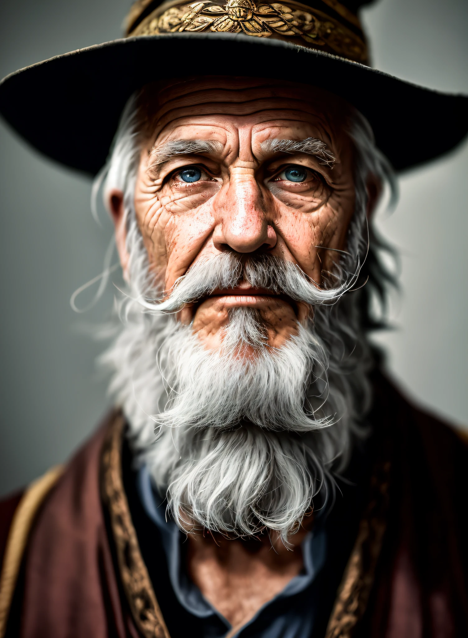 A portrait of a wizard, bearded, wrinkled, weathered, with piercing eyes, detailed face, high details, photography, dark studio, rim light, Nikon D850, 50mm, f/1.4