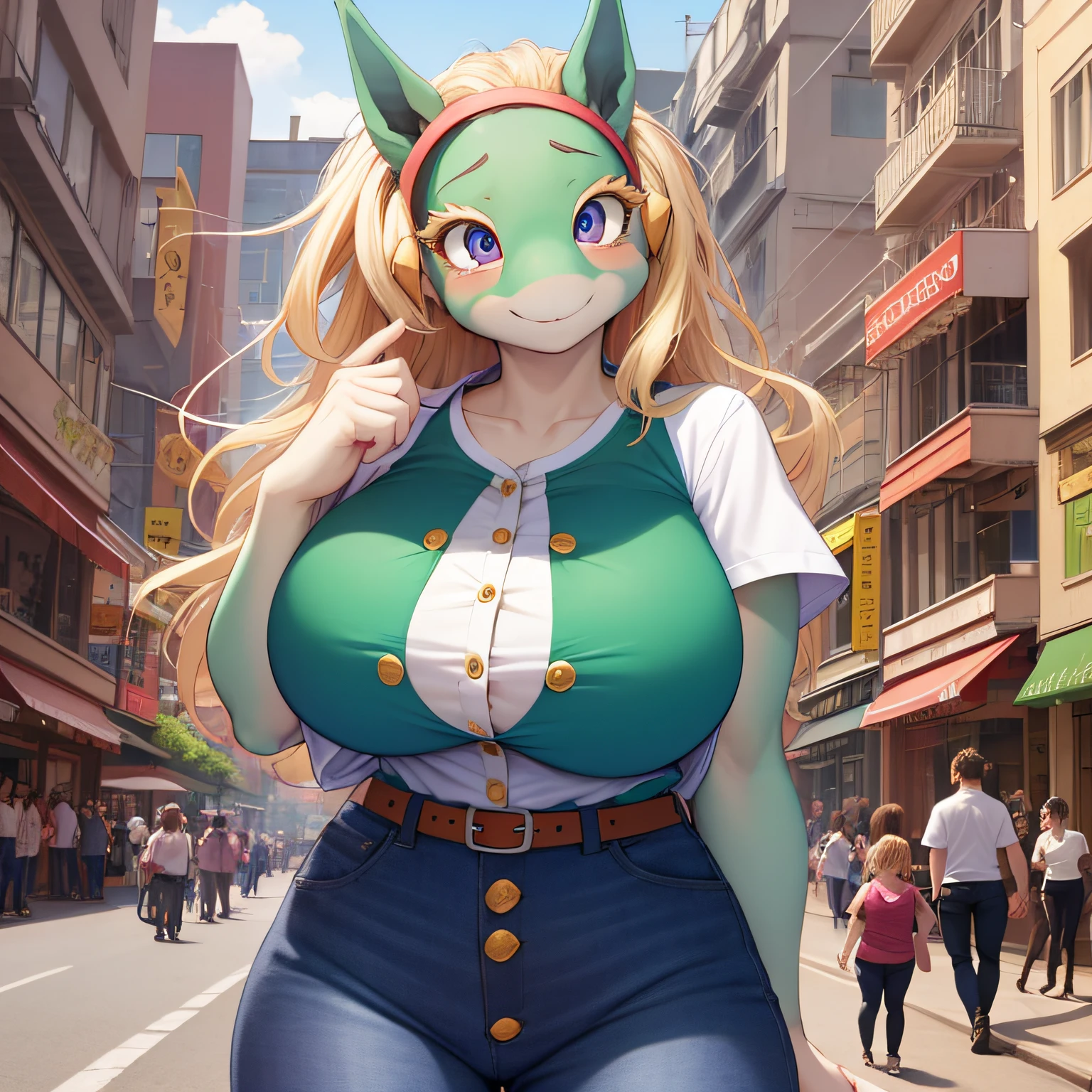 ippan_josei, smile, two-tone skin, masterpiece, best_quality, wide_hip, (gigantic_breasts), (huge_breasts), (nipple:0.5), white_shirt, (button_gap), (taut_shirt), bra_visible_through_clothes, tight_Pants, City, Street