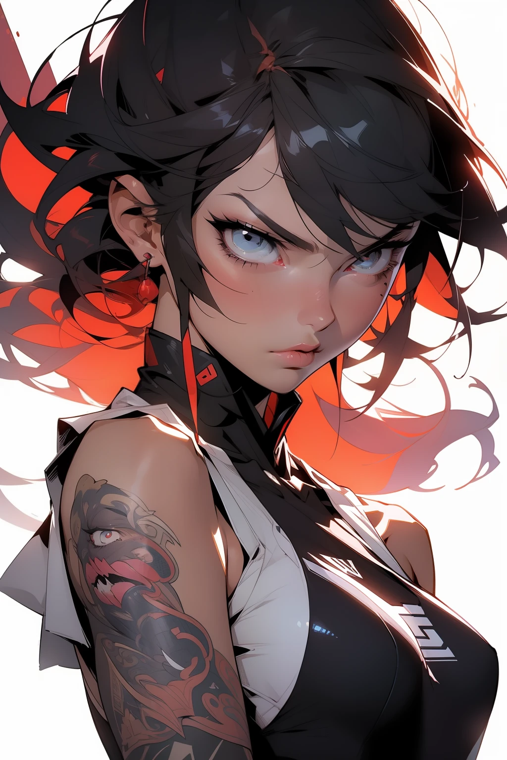 :: ryuko hikari comix style ::2.9 style ::2.0 comix illustration style, digital illustration of beautiful female character in toh-yasu illustrator drawing style, anime style, body with futuristic drawings tribal tattoo style in dragon shape, serious face and ultra detailed art, graffiti style destroyed city scenery with camera focus, (beautiful and clear background:  1.2),,((sofía vergara beautiful woman)), (detailed eyes and detailed face: 1.3), (t-shirt or dress: 1.3), (beautiful and clear background: 1.2), (extremely detailed, ultra-detailed, best shadow:1.1), bare shoulders, flowers and petals, , (white background: 0.5), (illustration:1.1), (extremely thin and beautiful girl:1.1), (perfect details:1.1), ultra detailed correct hands with 5 fingers
