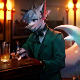 Solo, furry, male western dragon, handsome model, sapphire blue scales, gray ears, smoky purple eyes, sharp claws, huge tail, wearing a dark green suit, tying a red bow tie, drinking champagne, detailed background, prom