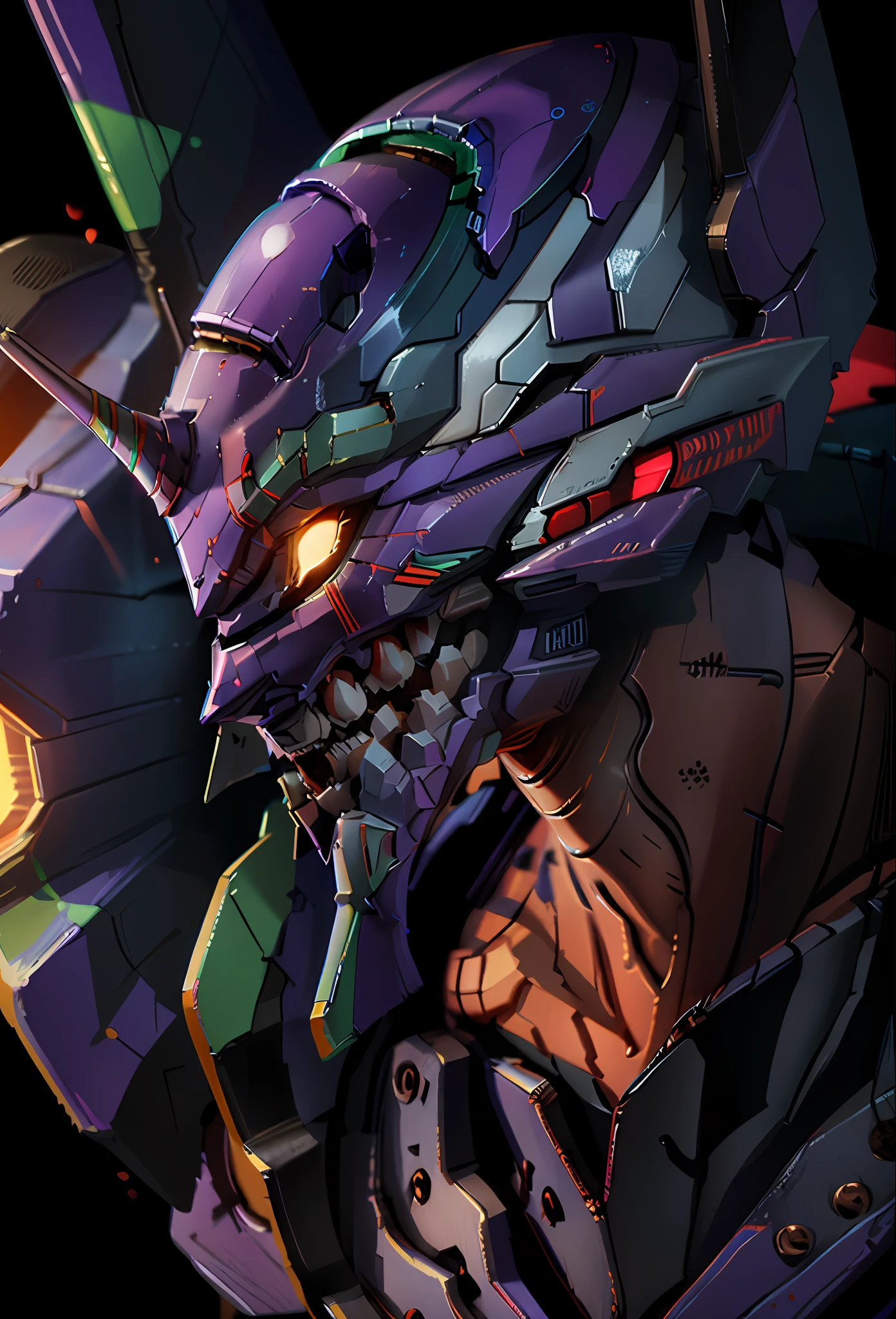 EVA01, glowing eyes, white eyes, best quality, masterpiece, close-up of the head