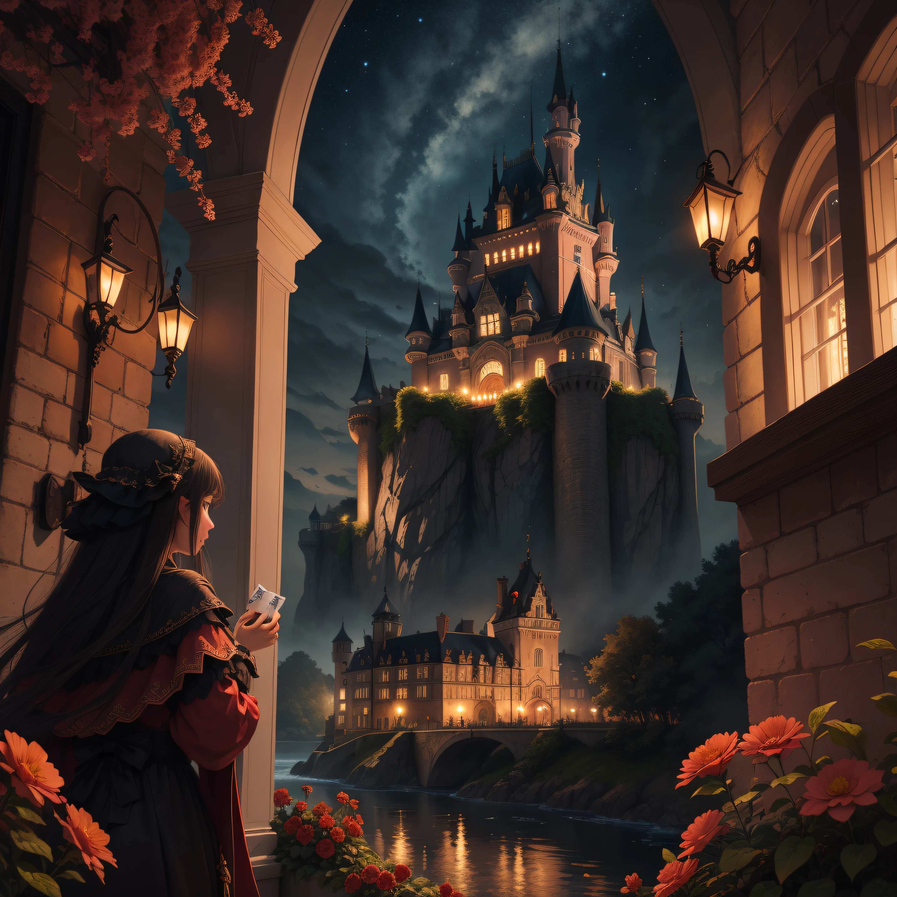 master masterpiece，deep in the night，Flying maiden，Flying cards，See a European castle in the distance，Red flowers
