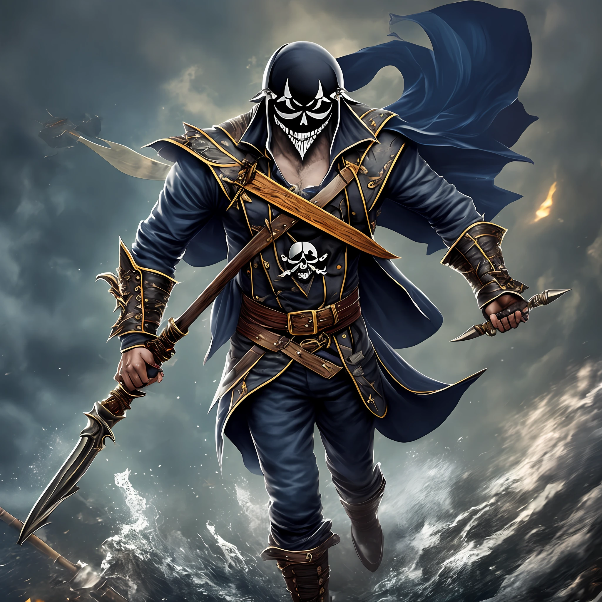 Dark-skinned man, black hair with black mask, a black shirt and a navy blue overcoat, black pants and a harpoon spear in his hand (pirate)(full body)