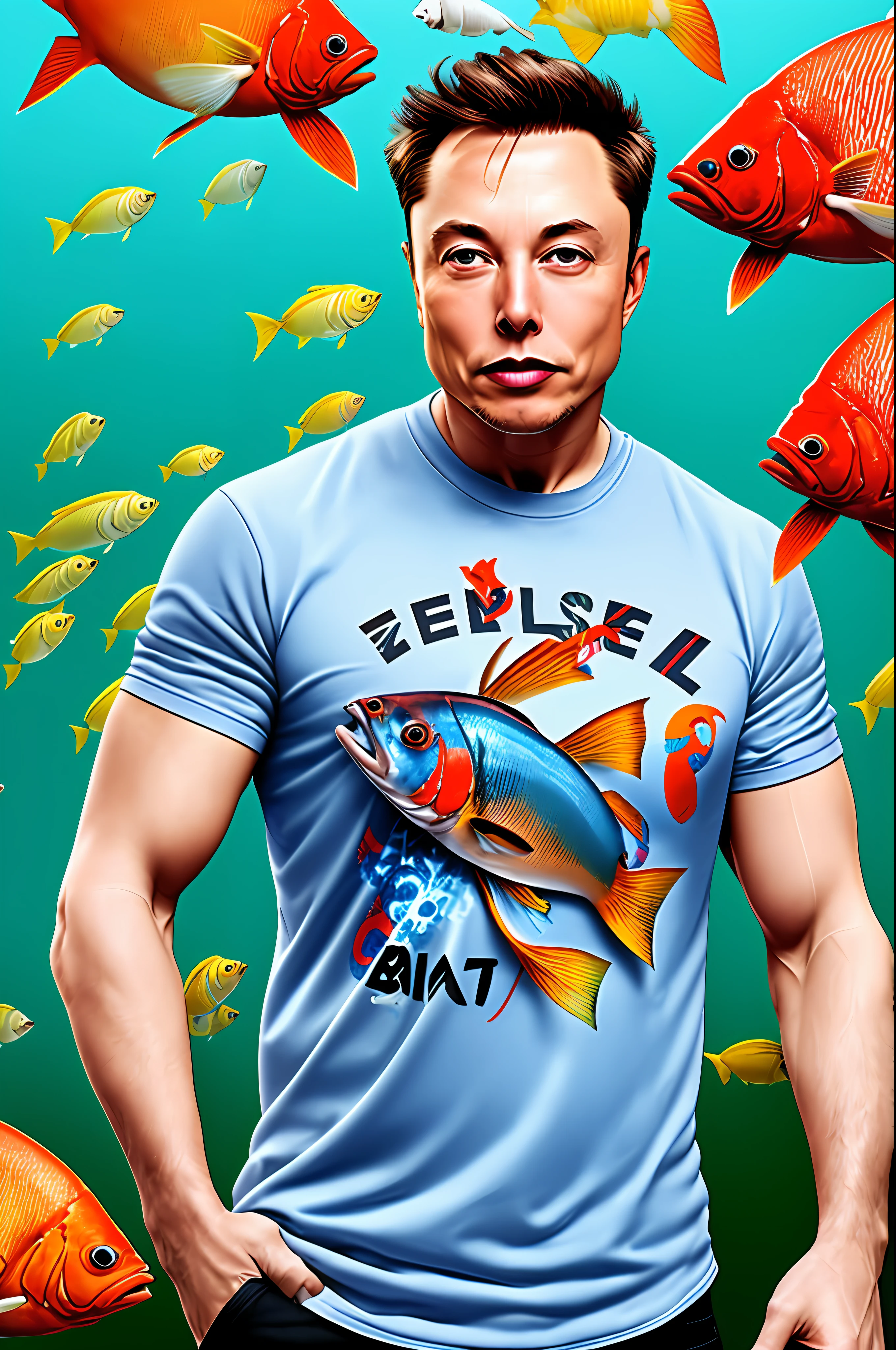 (cbzbb: 1.25), illustrated portrait of Elon Musk, art station, CGI_Animation, clothes with (Fish) letters printed on them, Fish, Fish, Fish,