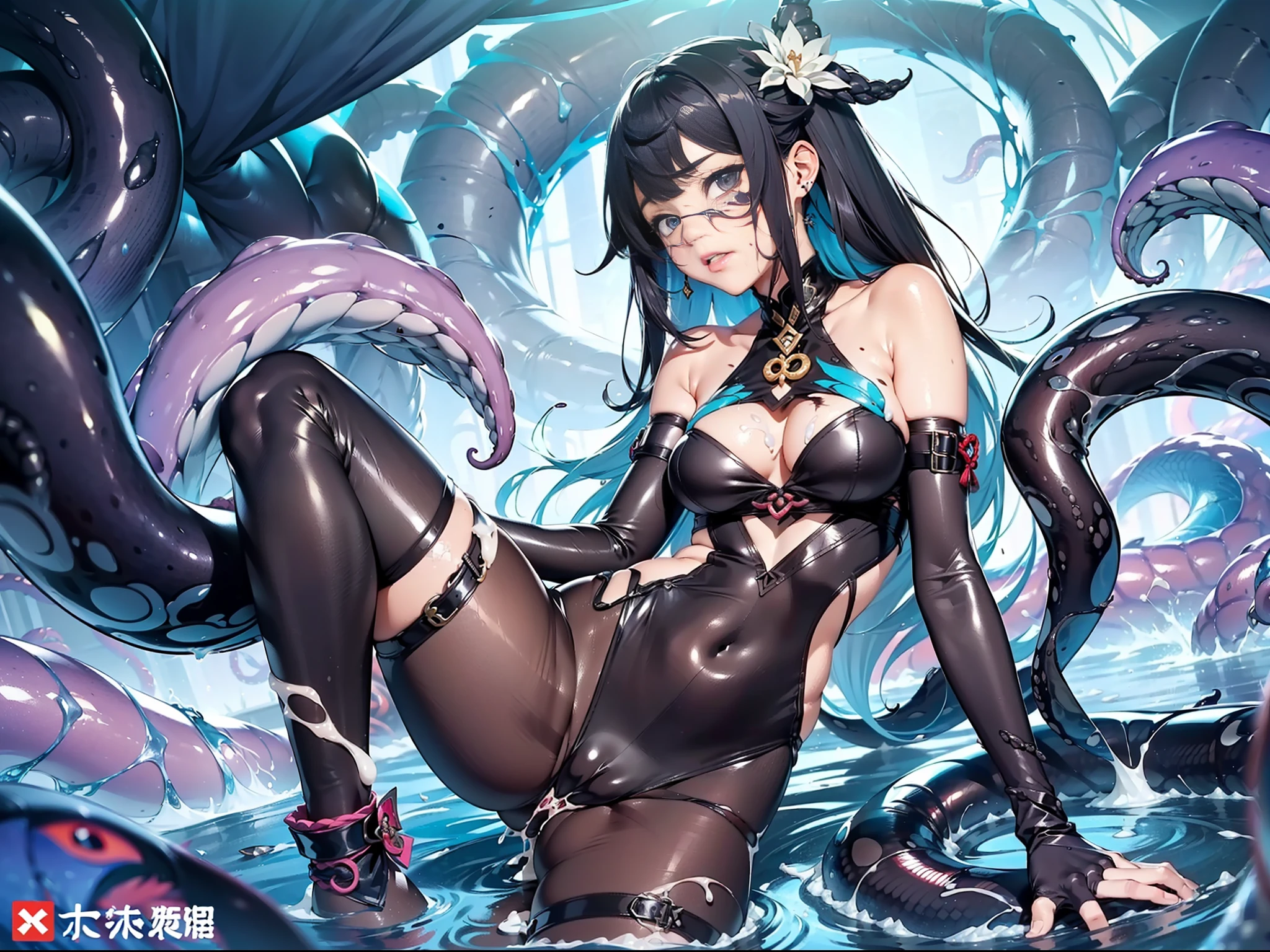 Gan Yu \ (Genshin Impact\), 1 Girl, Ahog, Tentacle Lair, Tentacle Gang Rape, Tentacle Ejaculation, Tentacle Leggings, Tentacle Binding Hand, Open Thighs, Hair Stained with Semen, Face Stained with Semen