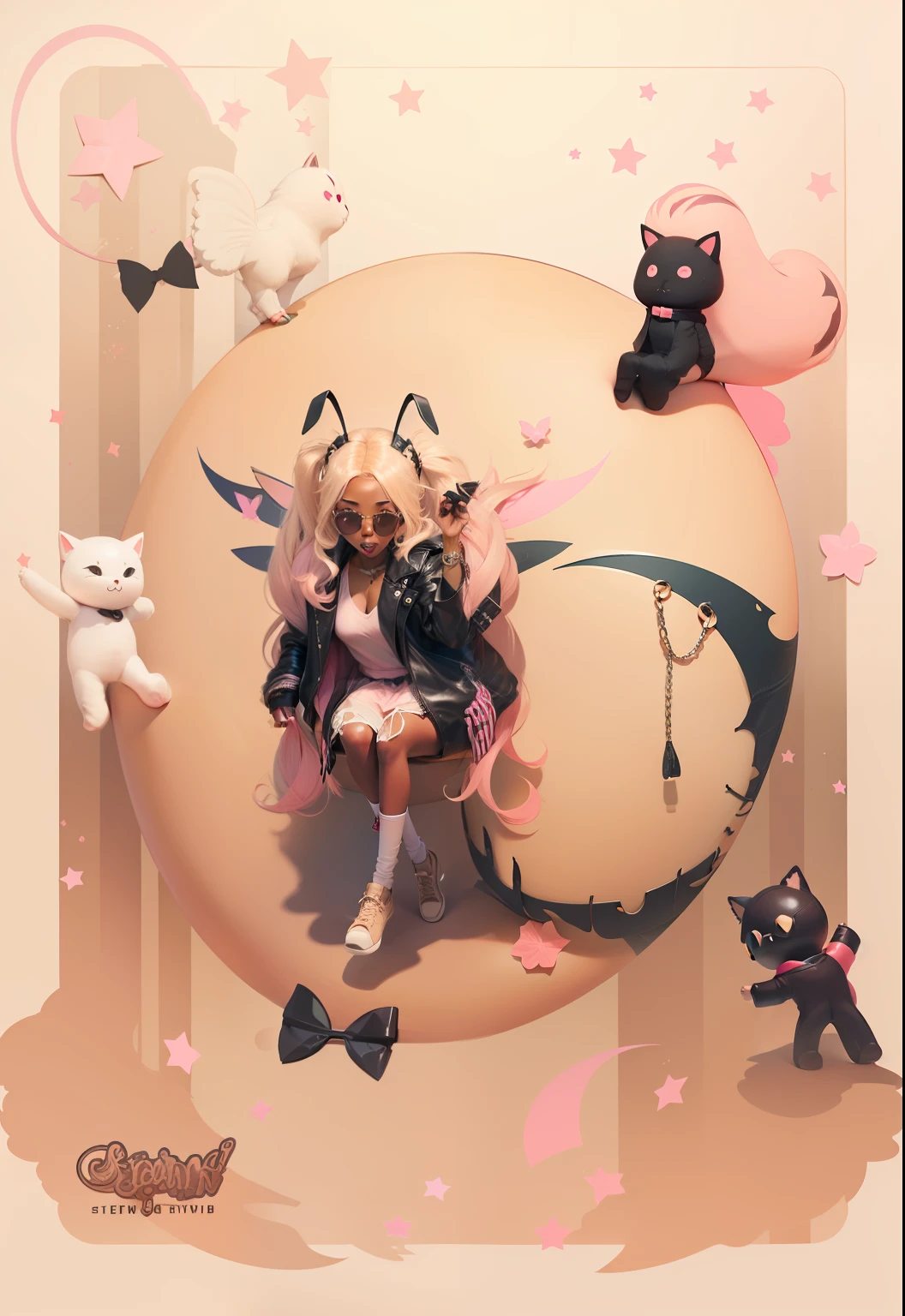 Black skin, beige pink gradient hair, leather coat, trendy, girl, wearing sunglasses --auto
