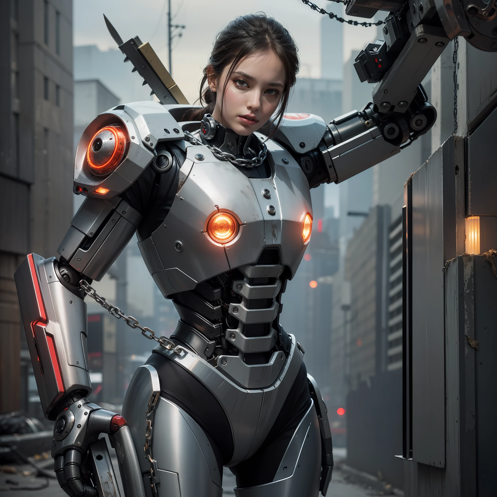 Dark_Fantasy,Cyberpunk,(chain saw,chain saw man,Red:1.1),1man,Mechanical marvel,Robotic presence,Cybernetic guardian, wearing a worn-out mech suit, intricate, (steel metal [rusty]), elegant, clear focus, shot by greg rutkowski, soft lighting, vibrant colors, masterpiece, ((street)), cowboy shot, dynamic pose,
