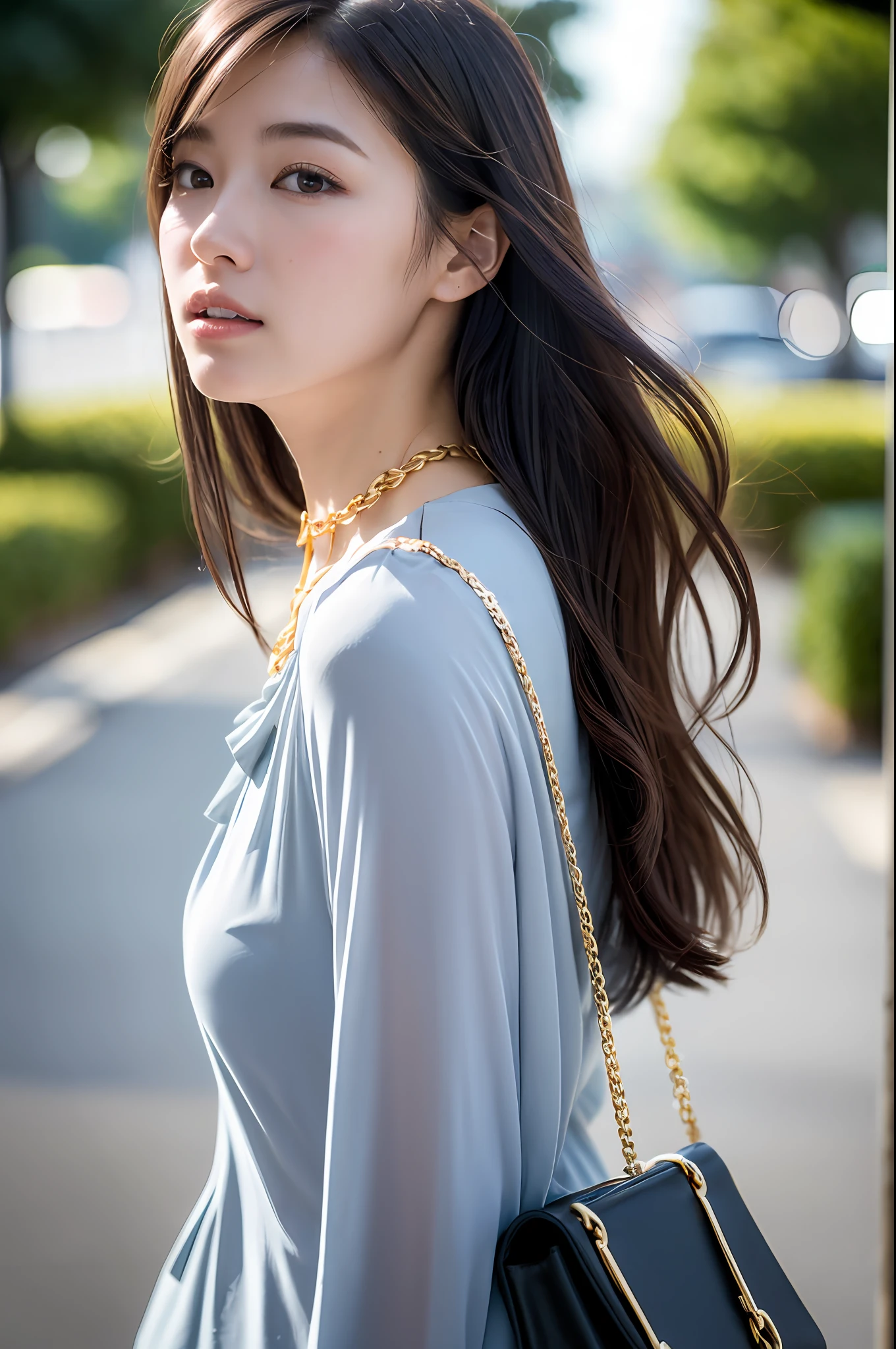 (Masterpiece: 1.3), (8k, Photorealistic, RAW Photo, Best Quality: 1.4), (1girl), Shallow depth of field, Face in focus, Soft focus, Beautiful face, (Backlight: 1.5), (Ambient: 1.3), (Realistic Face), (Black hair, Medium Short: 1.3), Hair with gentle waves, Hair that flutters and spreads in the wind, back hair spread in the wind, short bangs, realistic eyes, dark brown eyes, highlights in pupils, beautiful detail eyes, (plenty of natural light), (realistic skin), beautiful skin, (blouse with white collar), gold chain necklace, gold chain bracelet, watch, small handbag, light solid color pale blue-gray background, absurdity, attractive, ultra high resolution, ultra realistic, High definition, golden ratio, close-up angle of walking during commuting time, gesture of raking hair with hands