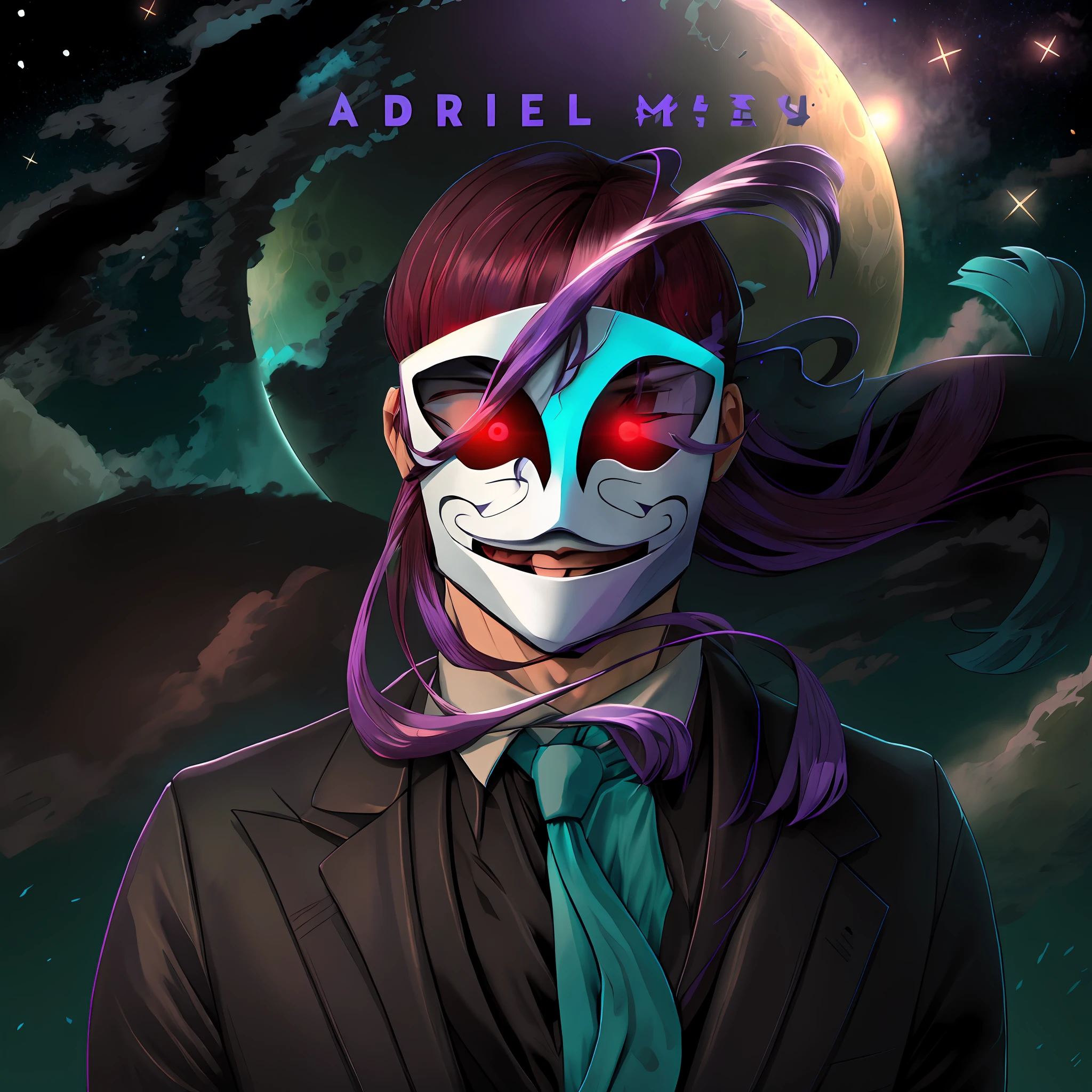 anime character with purple and red hair, wearing black and cyan toothpick, white shirt, red tie, white mask, two red dot sticking out of the Mask's eye, moon background, clouds around the moon, stars