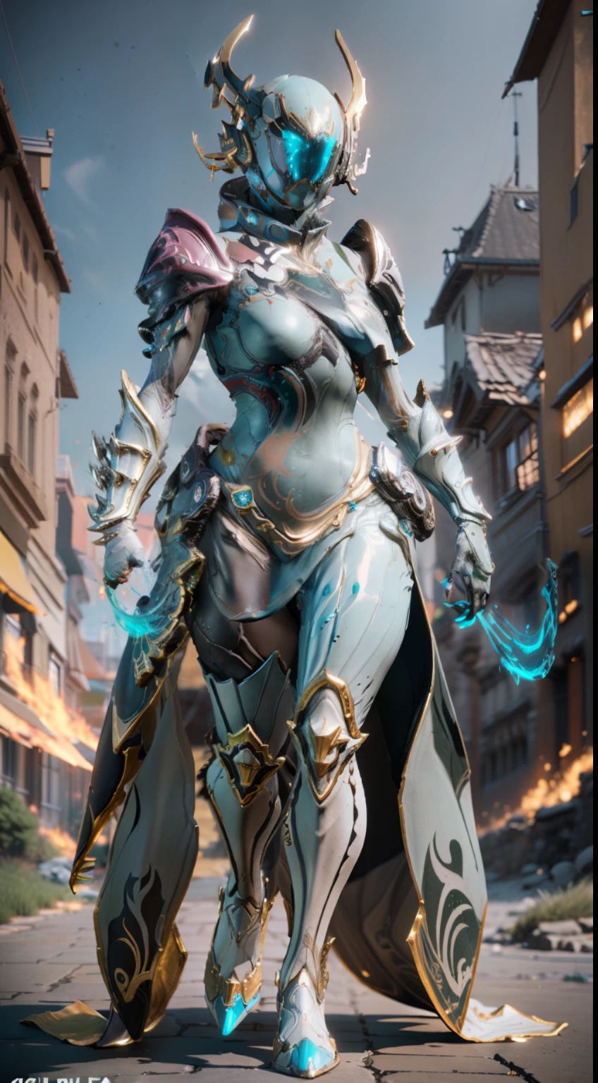 solo, super fine photo, full body picture Unreal Engine 5 8K UHD, female, white and dark grey color scheme armor, details, cyan tattoo details, see-through dress and pauldron, full face helmet, sun energy tentacle, best quality, masterpiece, official art, unified 8k wallpaper, ultra detailed, sharp focus, dynamic pose, body parts, concept character design art