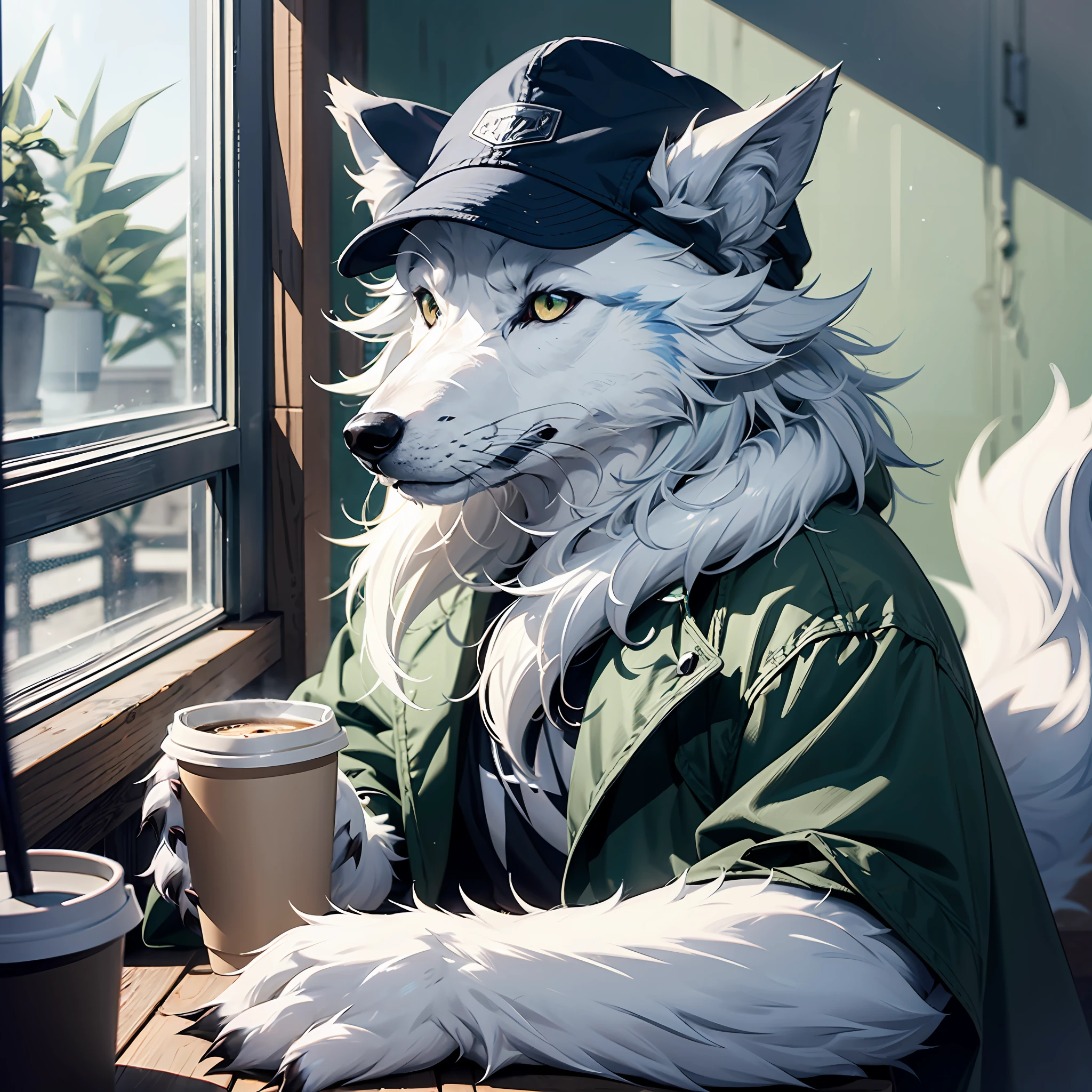 Solo, furry, male wolf, silver fur, white skin, gray ears, dark green eyes, sharp claws, fluffy tail, wearing a black trench coat, wearing a blue cap, drinking coffee, looking out the window, detailed background