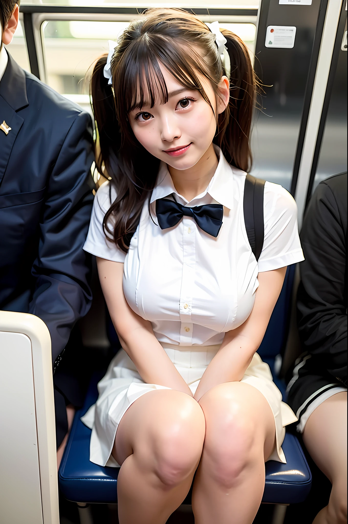 (((Big: 1.3, Saggy breasts: 1.4)))), 8k, RAW photos, low angle shots, ((18 years old, very cute schoolgirl in a short skirt and bow tie sitting on a crowded train)), (Japan girl in uniform), (in Japan school uniform), (in Japan school uniform), (surreal schoolgirl), (dressed as a schoolgirl, surreal schoolgirl), Wearing a school uniform, realistic schoolgirl, girl in uniform, Schoolgirl pose, full body, nice skin, glowing skin, nice thighs, shining thighs, shining legs, smiling (in a crowded train), bangs, showing teeth, twin tails, hair ornament, (round face), sagging eyes, round beautiful eyes, chubby, ((emphasizing radiant white skin)), shoulder width: 0.6, low angle, (white thighs), long legs, Emphasis on shining legs